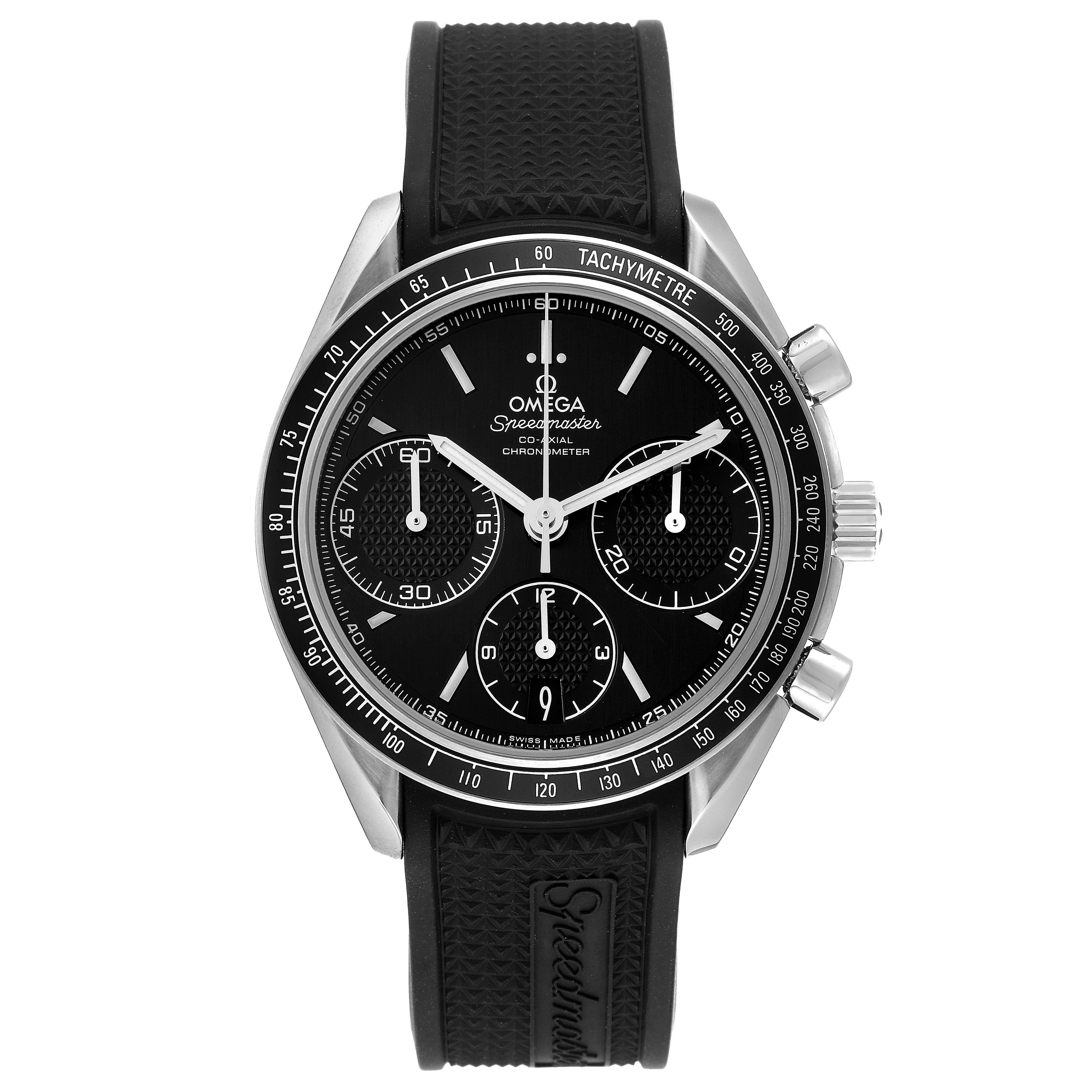 This Omega Speedmaster 326.32.40.50.01.001 Men's Stainless Steel Black Dial 326.32.40.50.01.001 Men's Stainless Steel Black Dial watch is shown from a front angle, displaying its black dial, tachymeter bezel, and black rubber strap.