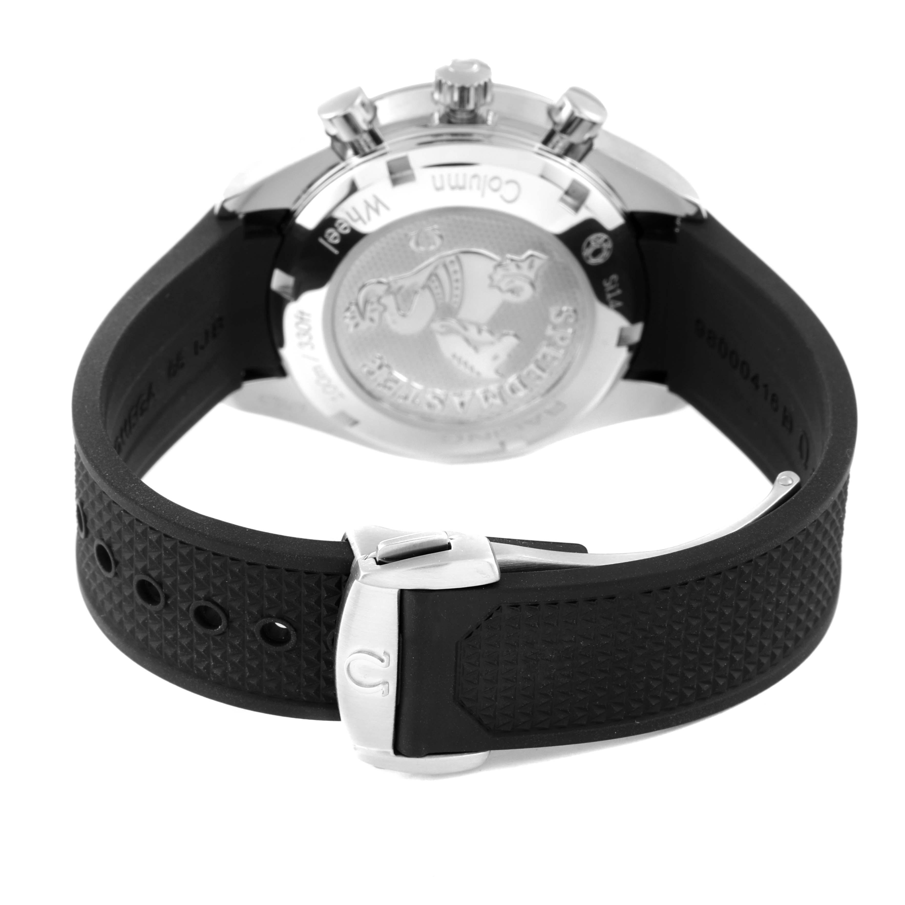 This image shows the back case and the clasp of the Omega Speedmaster 326.32.40.50.01.001 Men's Stainless Steel Black Dial 326.32.40.50.01.001 Men's Stainless Steel Black Dial model watch from a rear angle.