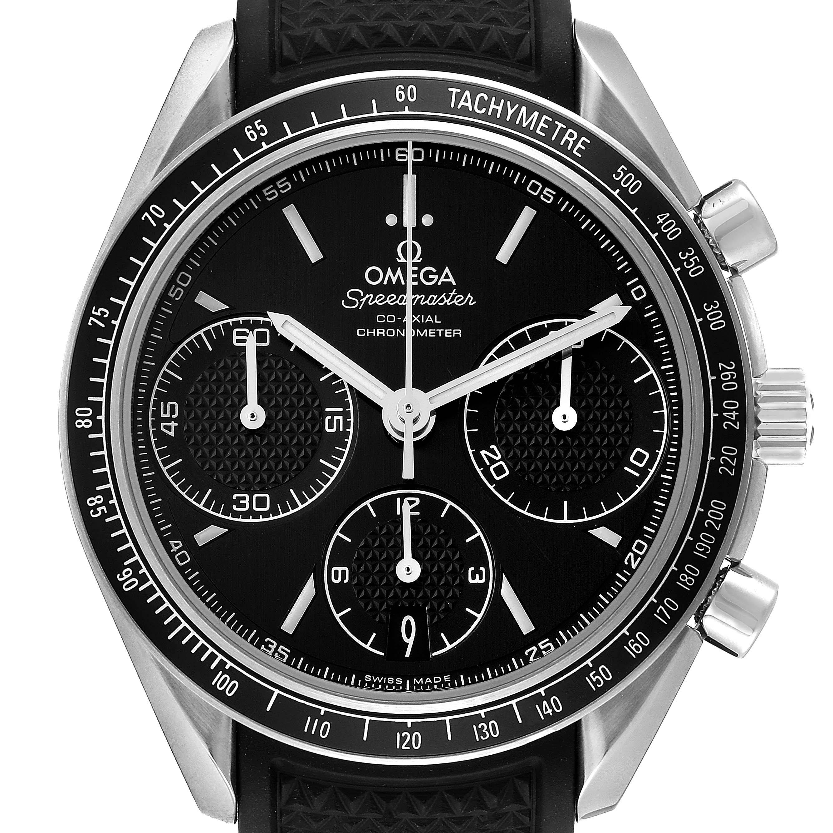This image shows a close-up of the Omega Speedmaster 326.32.40.50.01.001 Men's Stainless Steel Black Dial 326.32.40.50.01.001 Men's Stainless Steel Black Dial, focusing on its dial and tachymeter bezel.