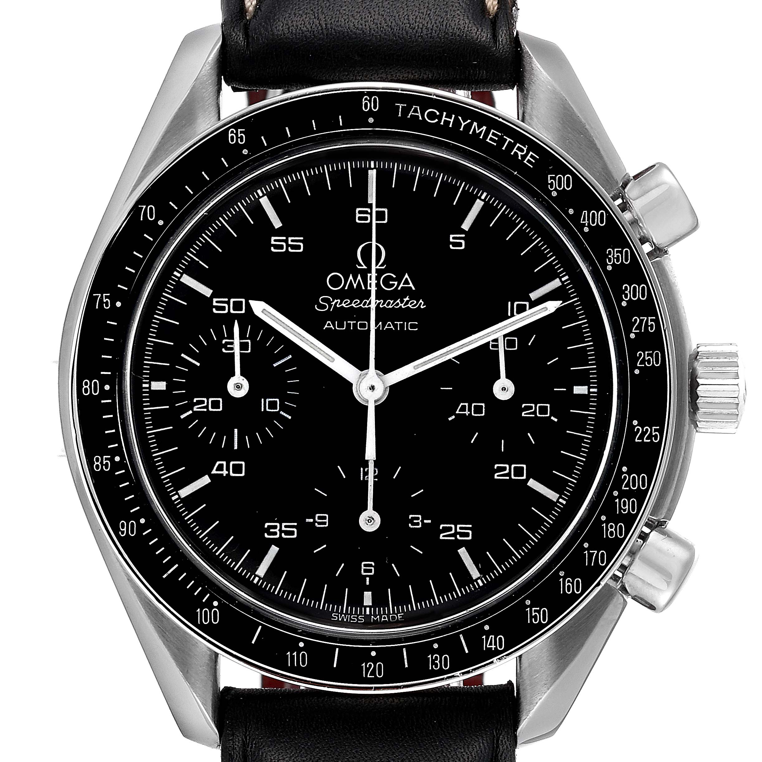 This image shows a front view of the Omega Speedmaster 3510.50.00 Men's Stainless Steel Black Dial 3510.50.00 Men's Stainless Steel Black Dial watch, highlighting the dial, bezel, sub-dials, and crown.