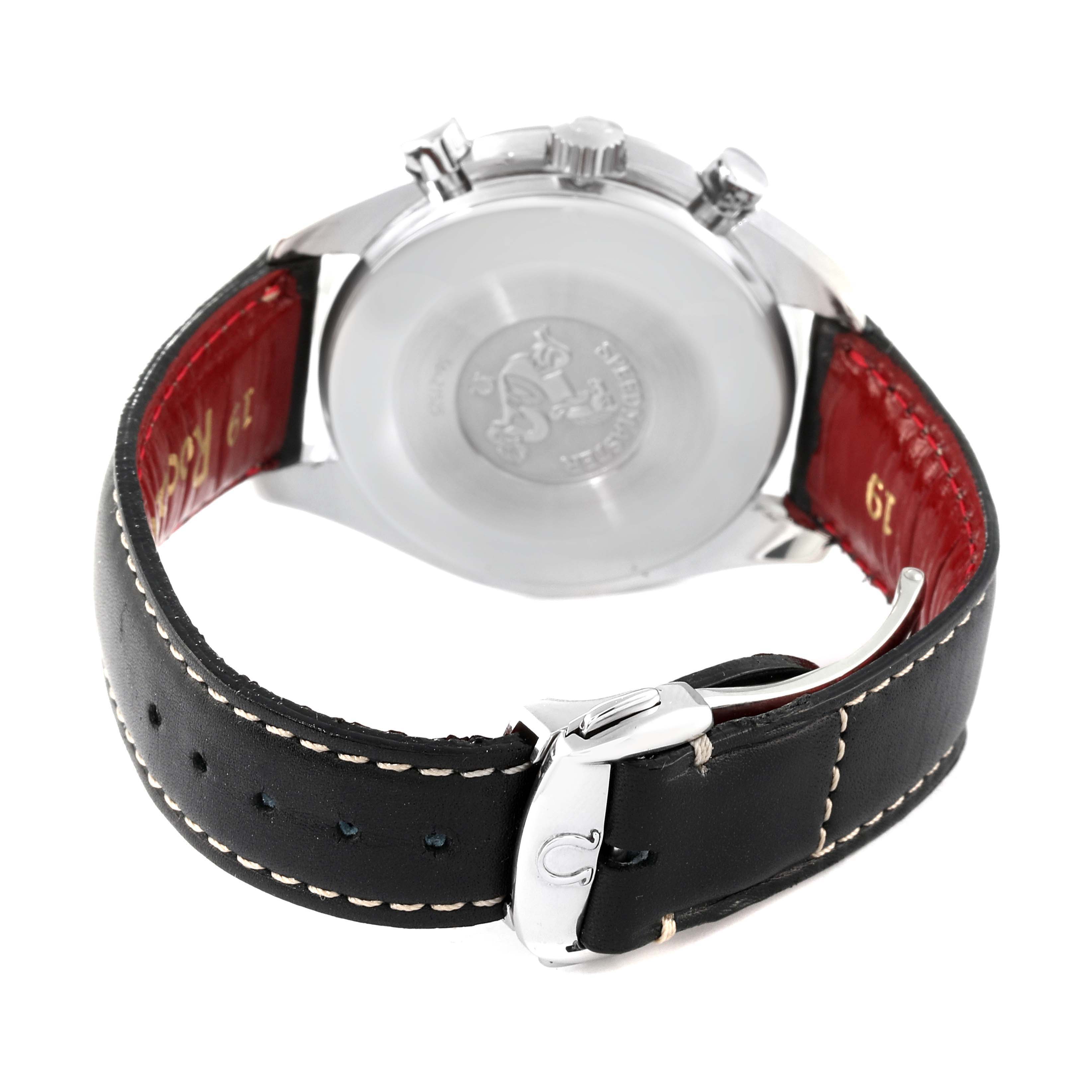 The image shows the backside and clasp of the Omega Speedmaster 3510.50.00 Men's Stainless Steel Black Dial 3510.50.00 Men's Stainless Steel Black Dial watch, emphasizing the strap, buckle, and case back.