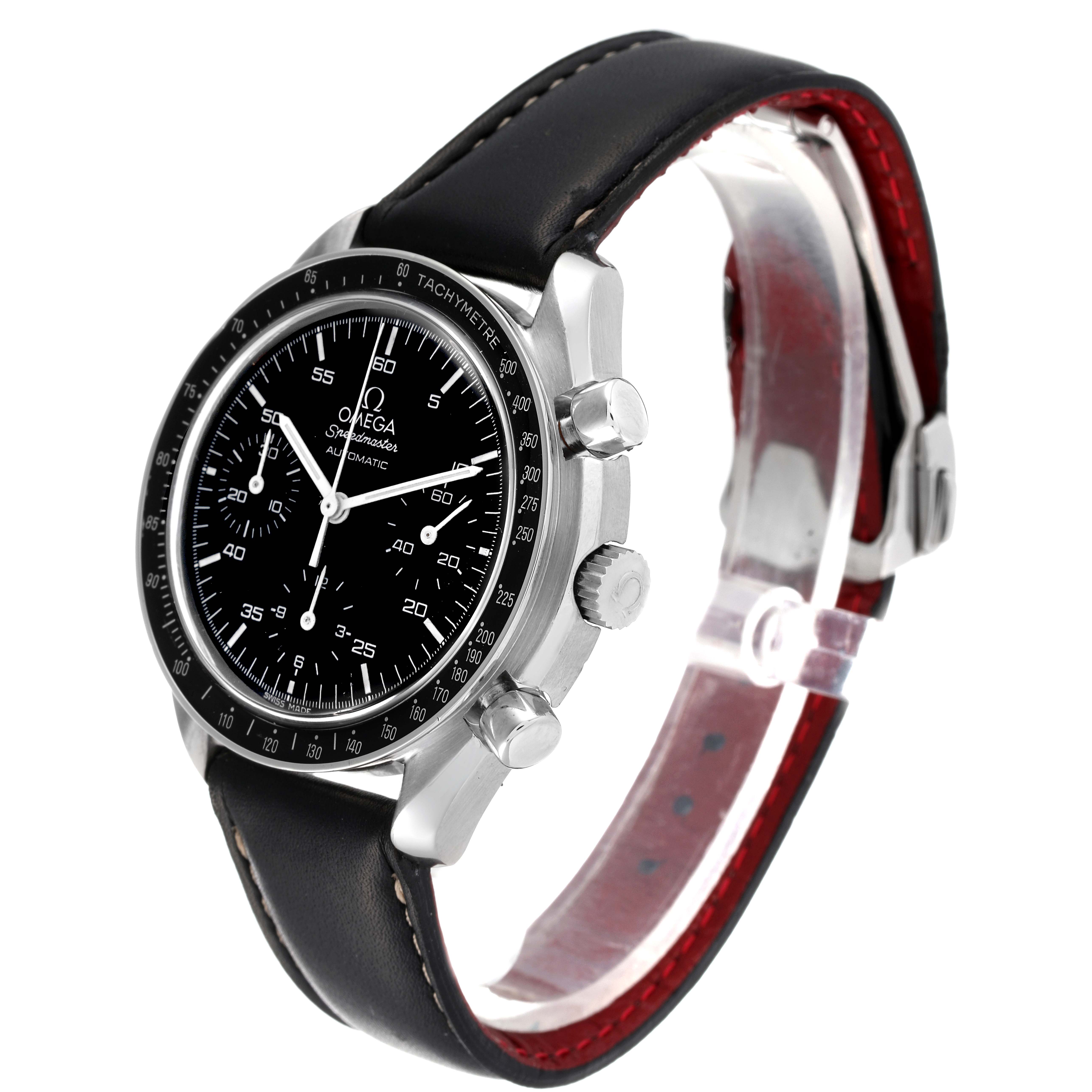 The Omega Speedmaster 3510.50.00 Men's Stainless Steel Black Dial 3510.50.00 Men's Stainless Steel Black Dial is shown at a three-quarter angle, displaying its face, bezel, crown, pushers, and leather strap.