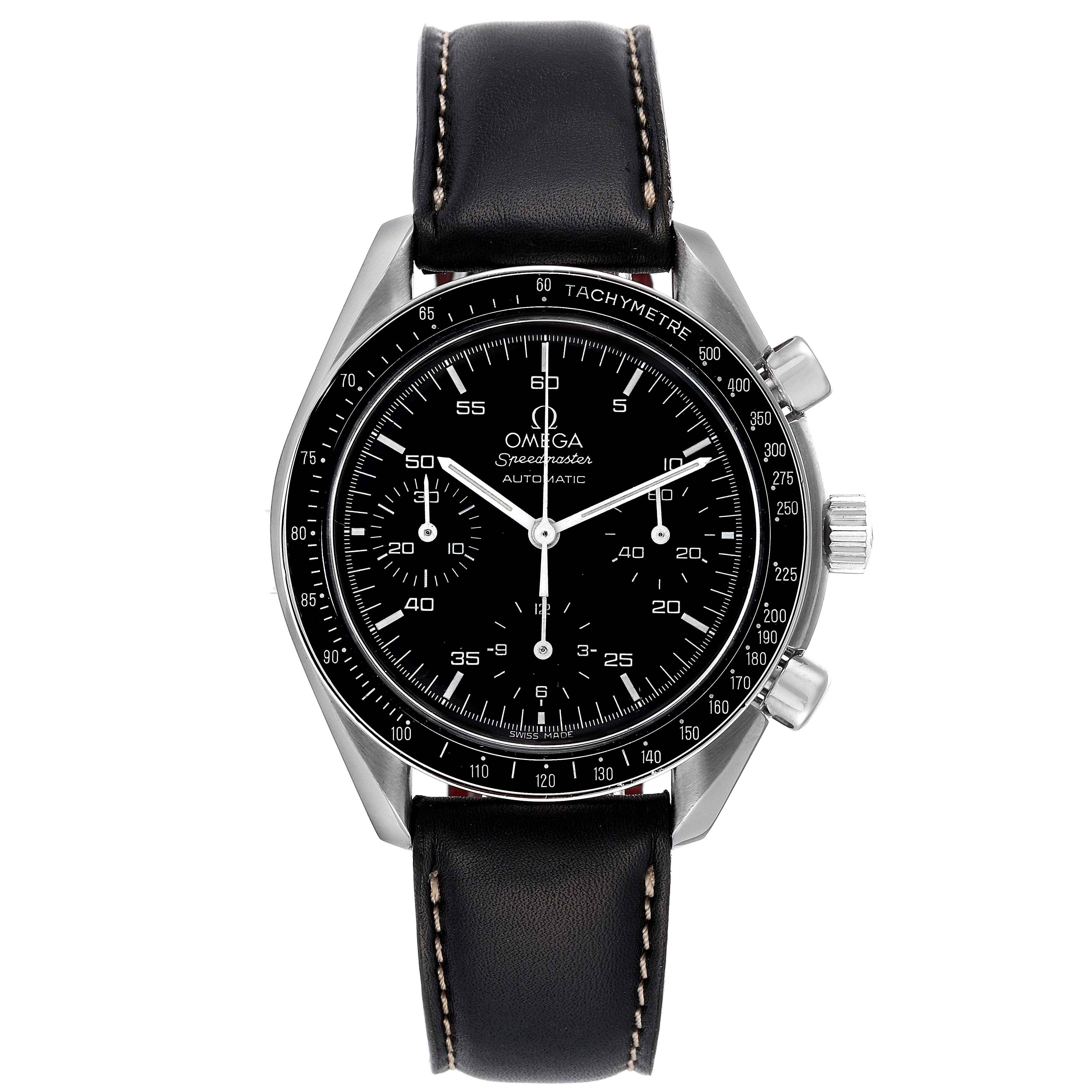 The image shows a frontal view of an Omega Speedmaster 3510.50.00 Men's Stainless Steel Black Dial 3510.50.00 Men's Stainless Steel Black Dial watch, displaying its black dial, chronograph subdials, and leather strap.
