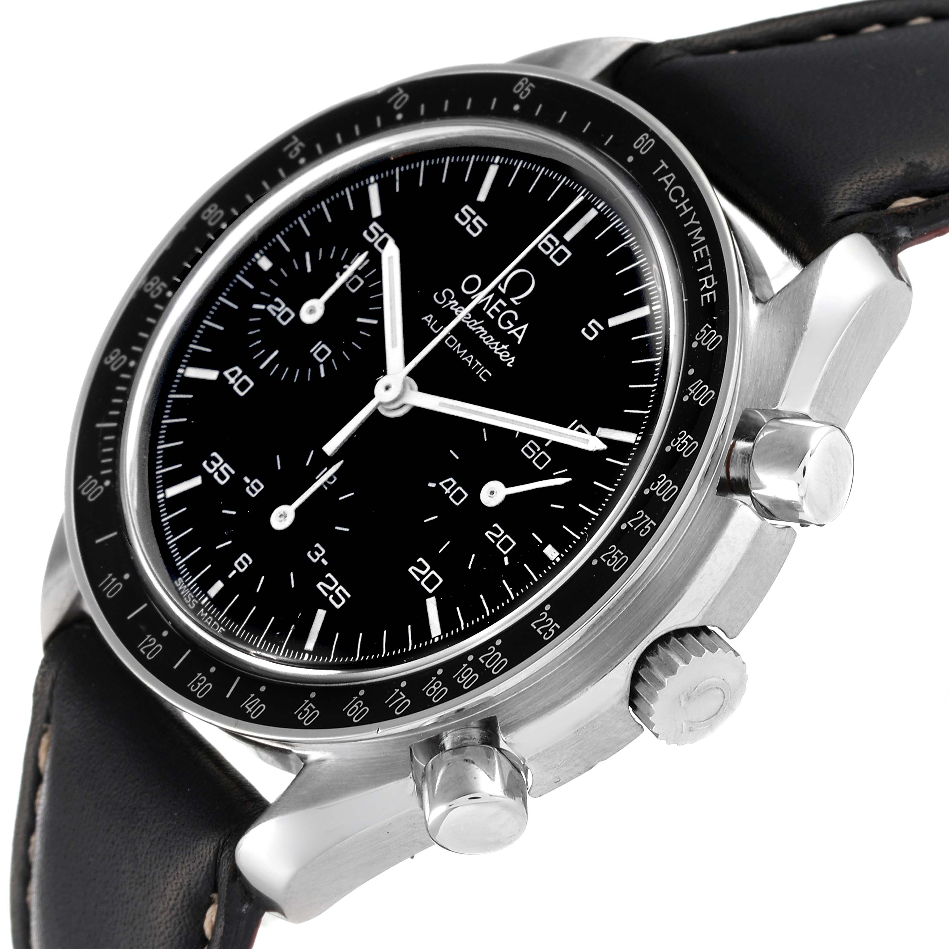 The image shows an angled view of an Omega Speedmaster 3510.50.00 Men's Stainless Steel Black Dial 3510.50.00 Men's Stainless Steel Black Dial watch, highlighting its dial, bezel, case, pushers, and crown.