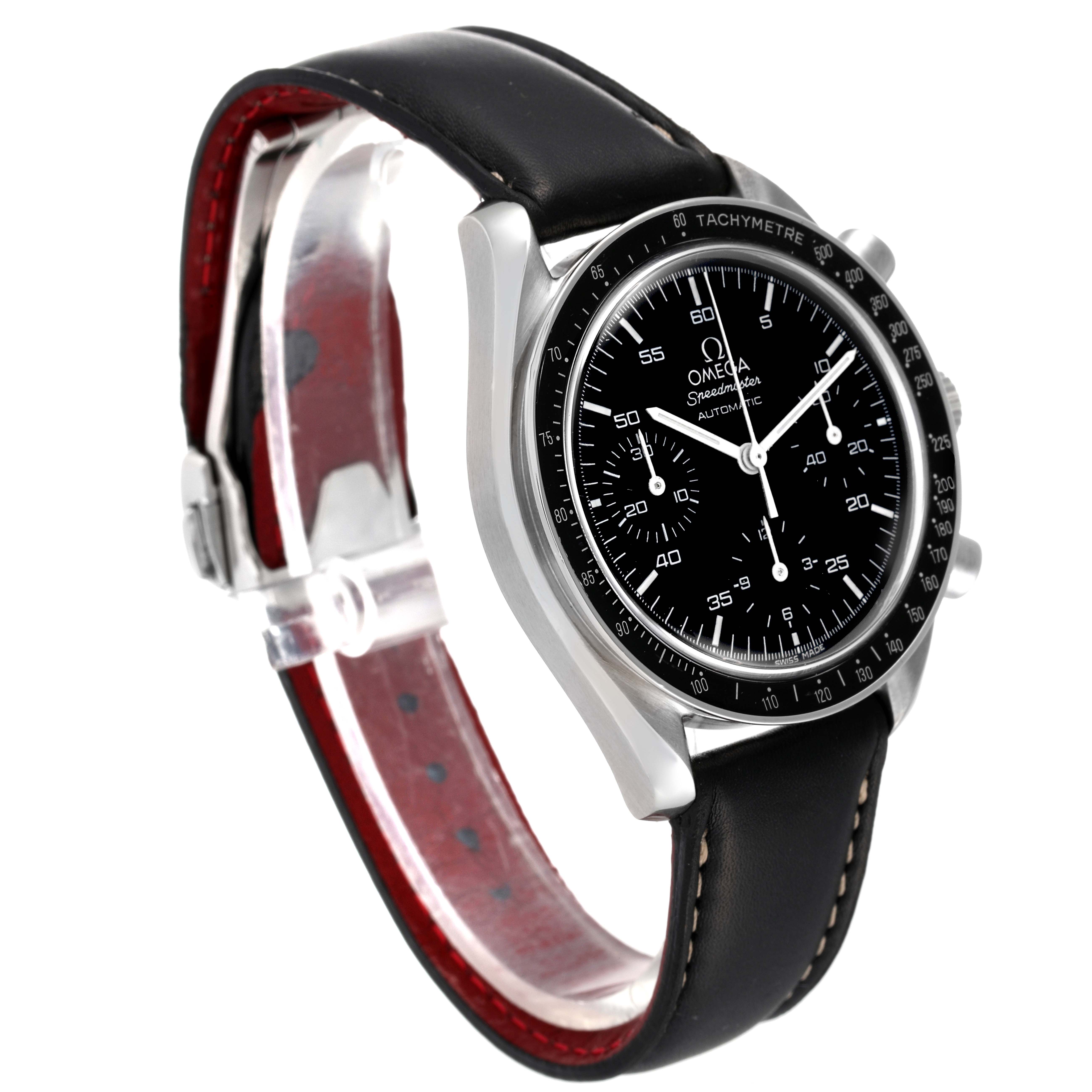 The Omega Speedmaster 3510.50.00 Men's Stainless Steel Black Dial 3510.50.00 Men's Stainless Steel Black Dial watch is shown from a three-quarter angle, highlighting its face, case, and leather strap.