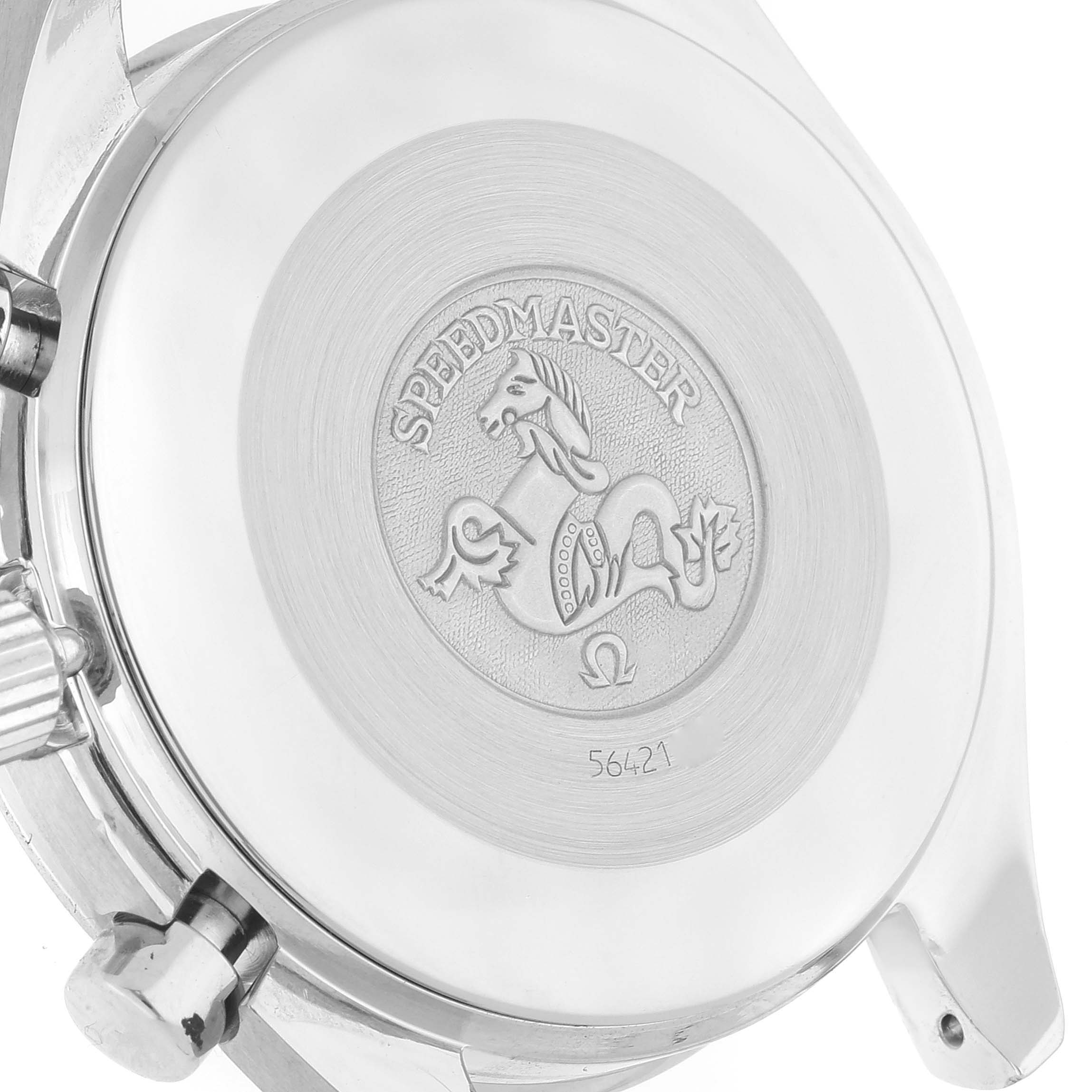 This image shows the rear case and crown of an Omega Speedmaster 3510.50.00 Men's Stainless Steel Black Dial 3510.50.00 Men's Stainless Steel Black Dial watch, viewed from an angle that highlights the engraved emblem.