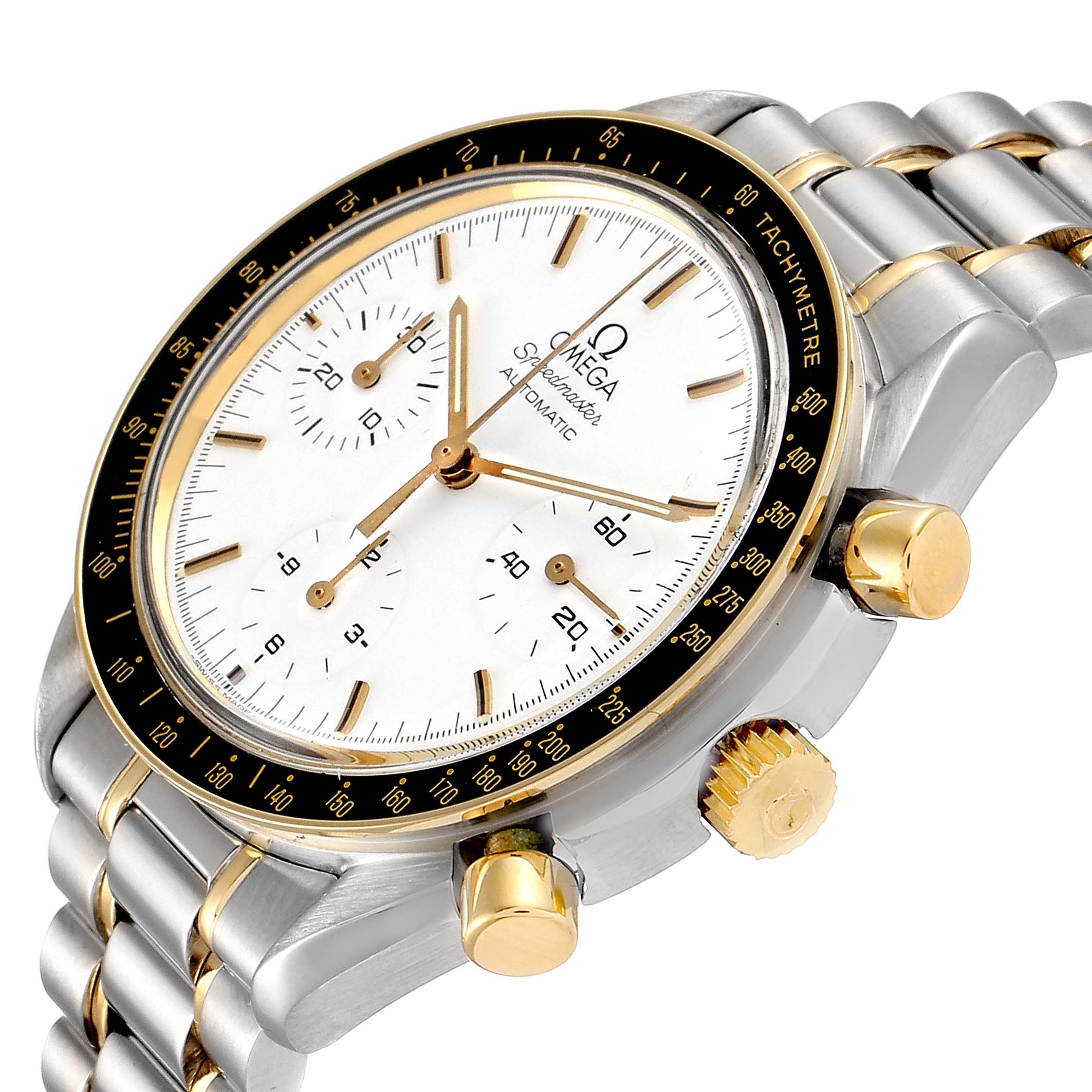 The image shows a close-up angled view of the Omega Speedmaster 3310.20.00 Men's Steel and Gold (two tone) White Dial 3310.20.00 Men's Steel and Gold (two tone) White Dial, highlighting its face, bezel, and part of the bracelet.