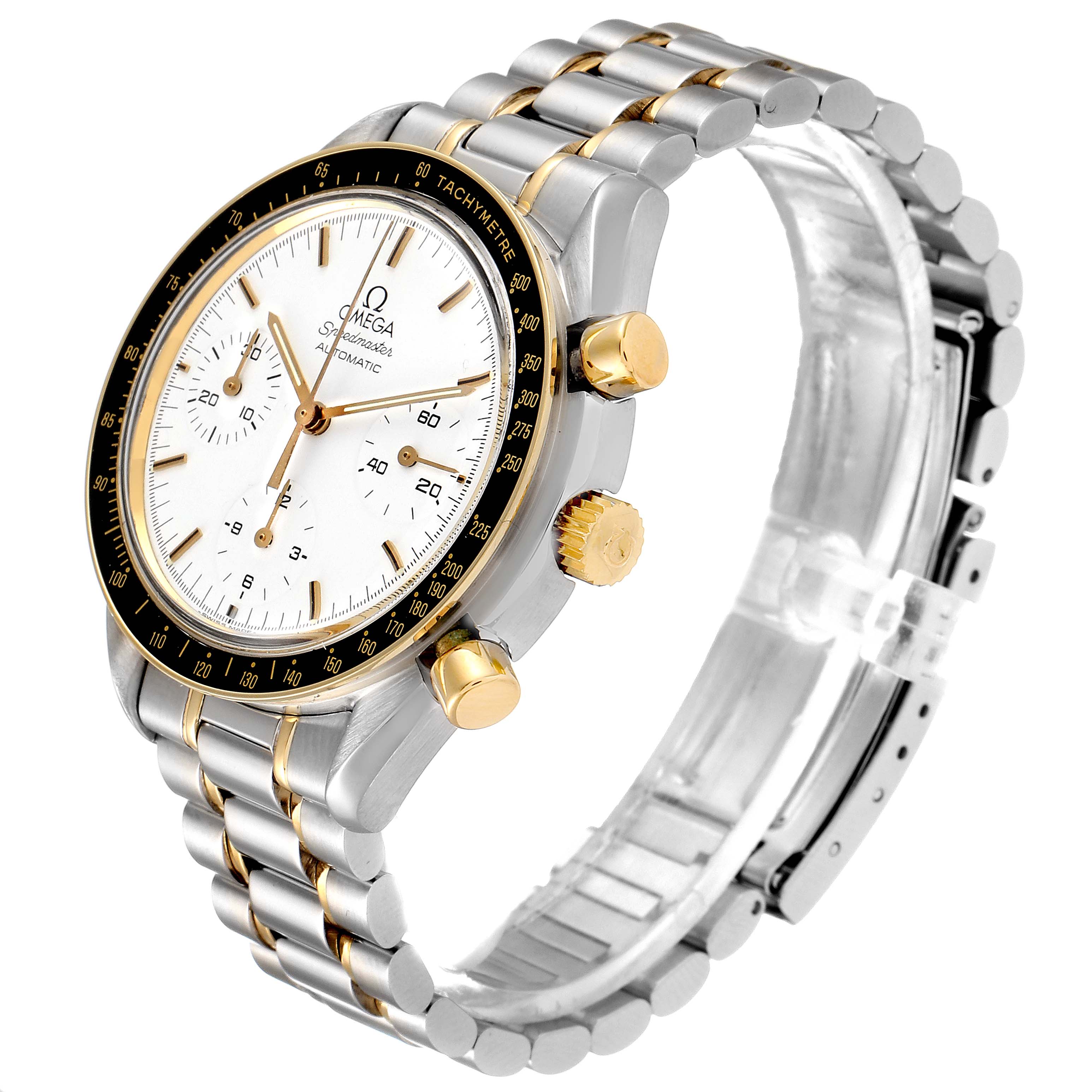 The Omega Speedmaster 3310.20.00 Men's Steel and Gold (two tone) White Dial 3310.20.00 Men's Steel and Gold (two tone) White Dial watch is shown at an angle highlighting the dial, bezel, crown, push buttons, and bracelet.
