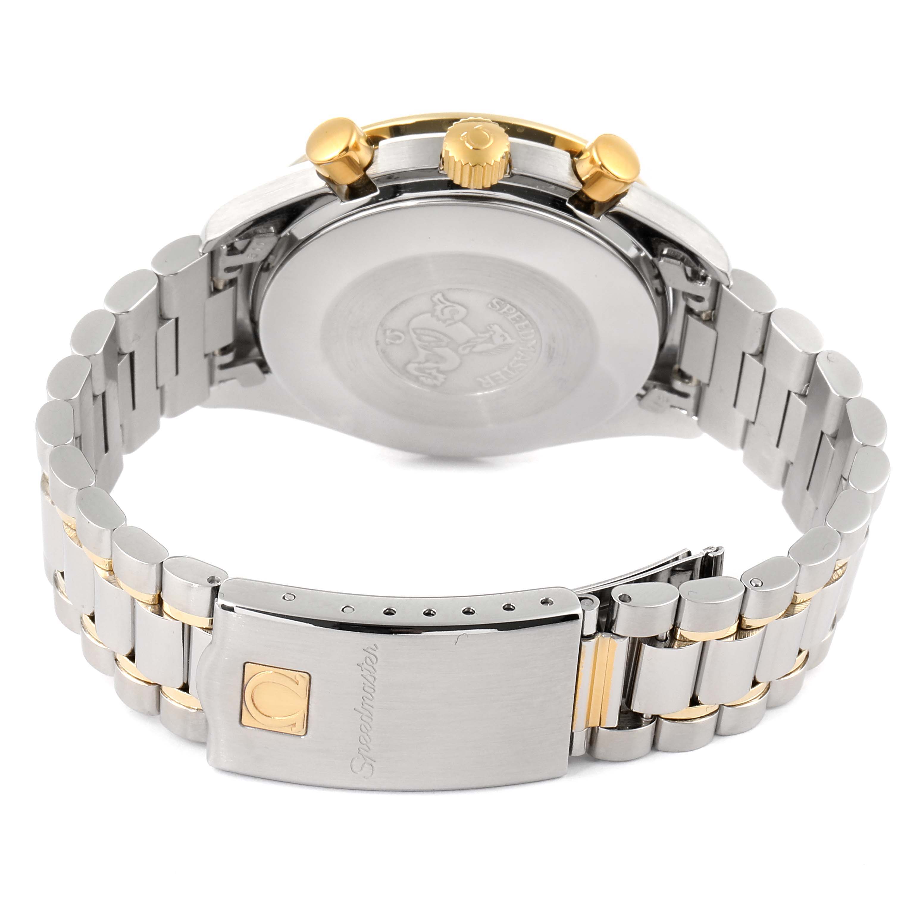 This image shows the back view of an Omega Speedmaster 3310.20.00 Men's Steel and Gold (two tone) White Dial 3310.20.00 Men's Steel and Gold (two tone) White Dial watch, focusing on the case back, crown, and metal bracelet.