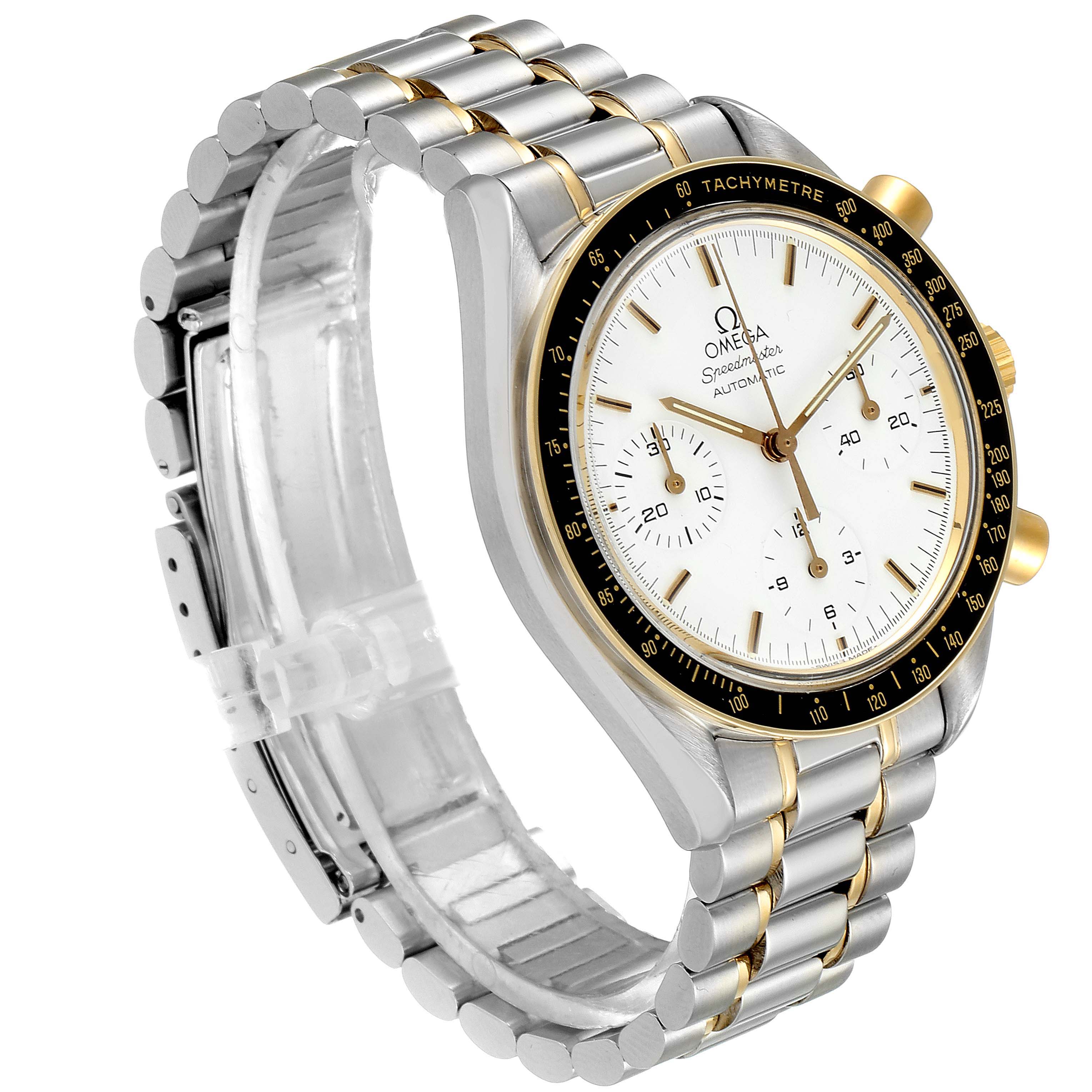 The Omega Speedmaster 3310.20.00 Men's Steel and Gold (two tone) White Dial 3310.20.00 Men's Steel and Gold (two tone) White Dial watch is shown at a three-quarter angle, displaying the bracelet, bezel, and face.