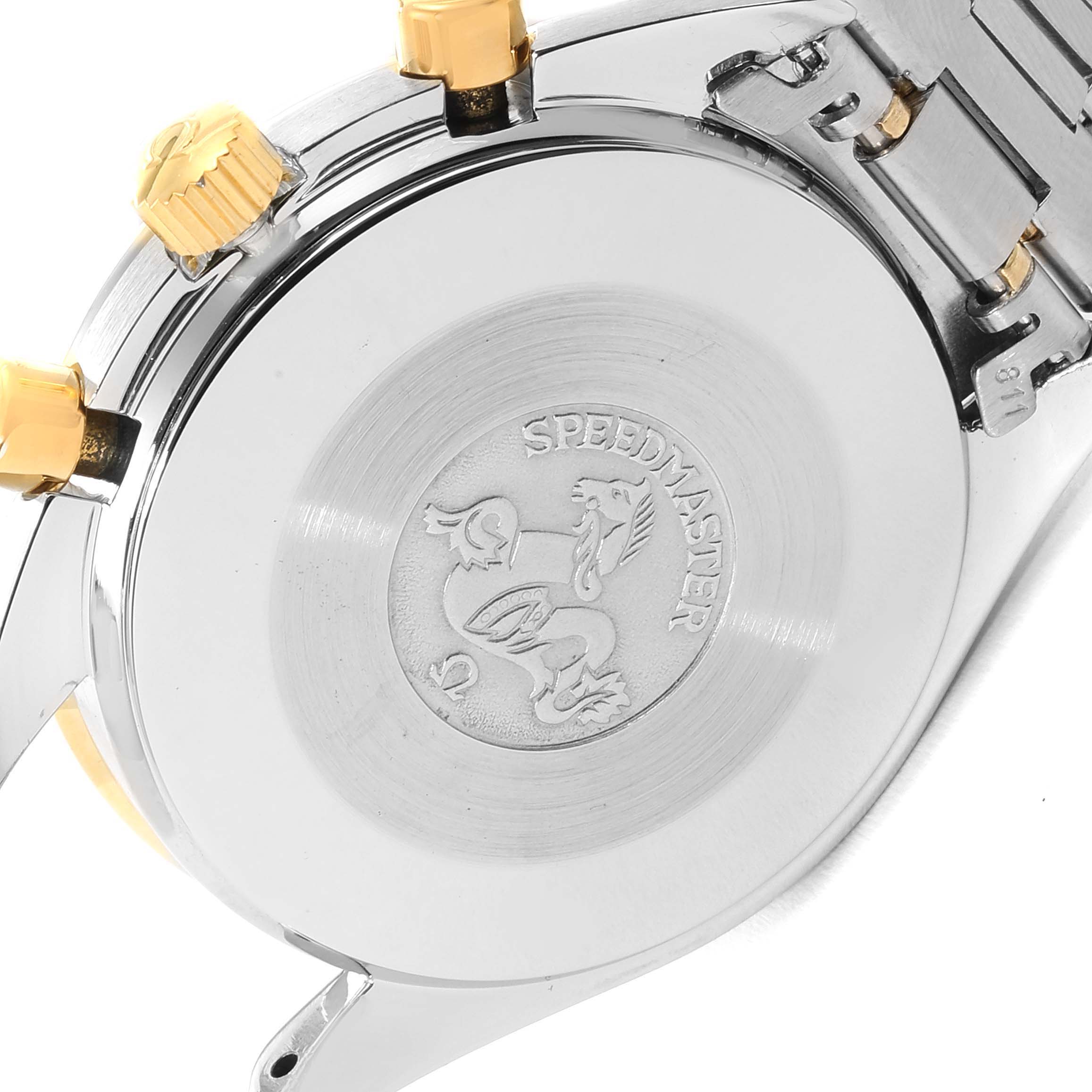 The image shows the case back and part of the bracelet of an Omega Speedmaster 3310.20.00 Men's Steel and Gold (two tone) White Dial 3310.20.00 Men's Steel and Gold (two tone) White Dial watch, with its logo visible.