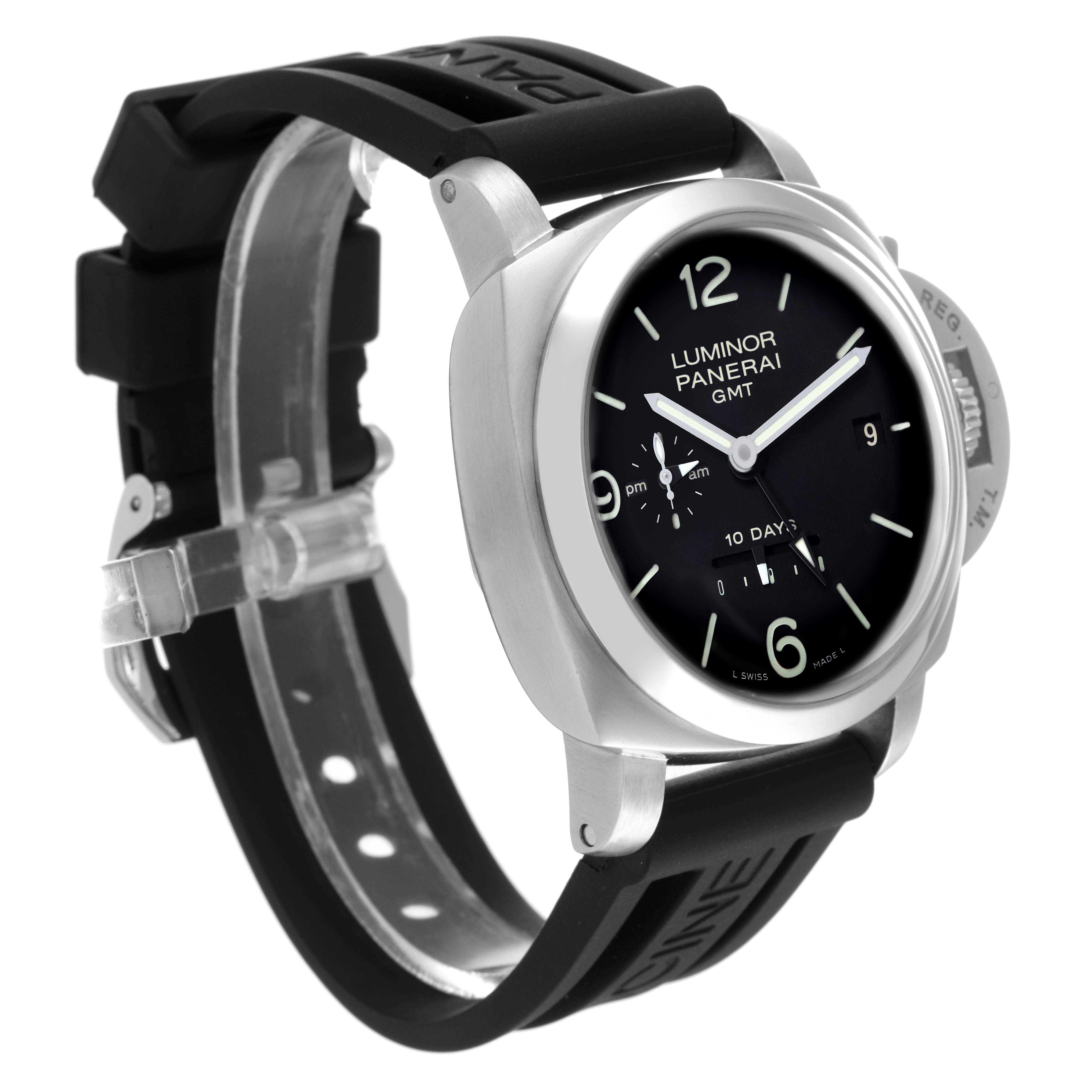 The image shows a Panerai Luminor PAM00270 Men's Stainless Steel Black Dial PAM00270 Men's Stainless Steel Black Dial watch angled from the front-left, displaying the face and black rubber strap.
