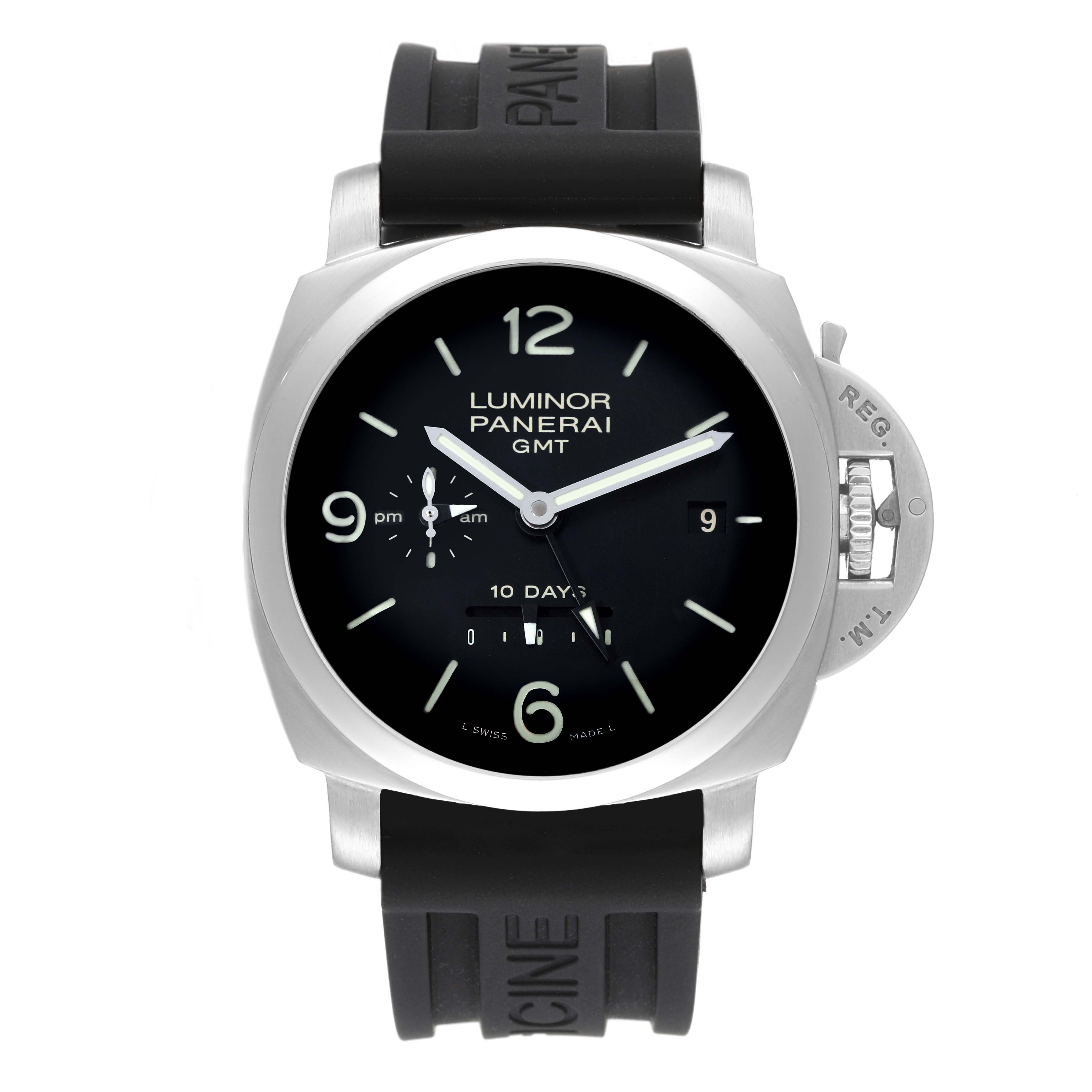 This image shows a front view of the Panerai Luminor PAM00270 Men's Stainless Steel Black Dial PAM00270 Men's Stainless Steel Black Dial GMT watch with a black dial and rubber strap.
