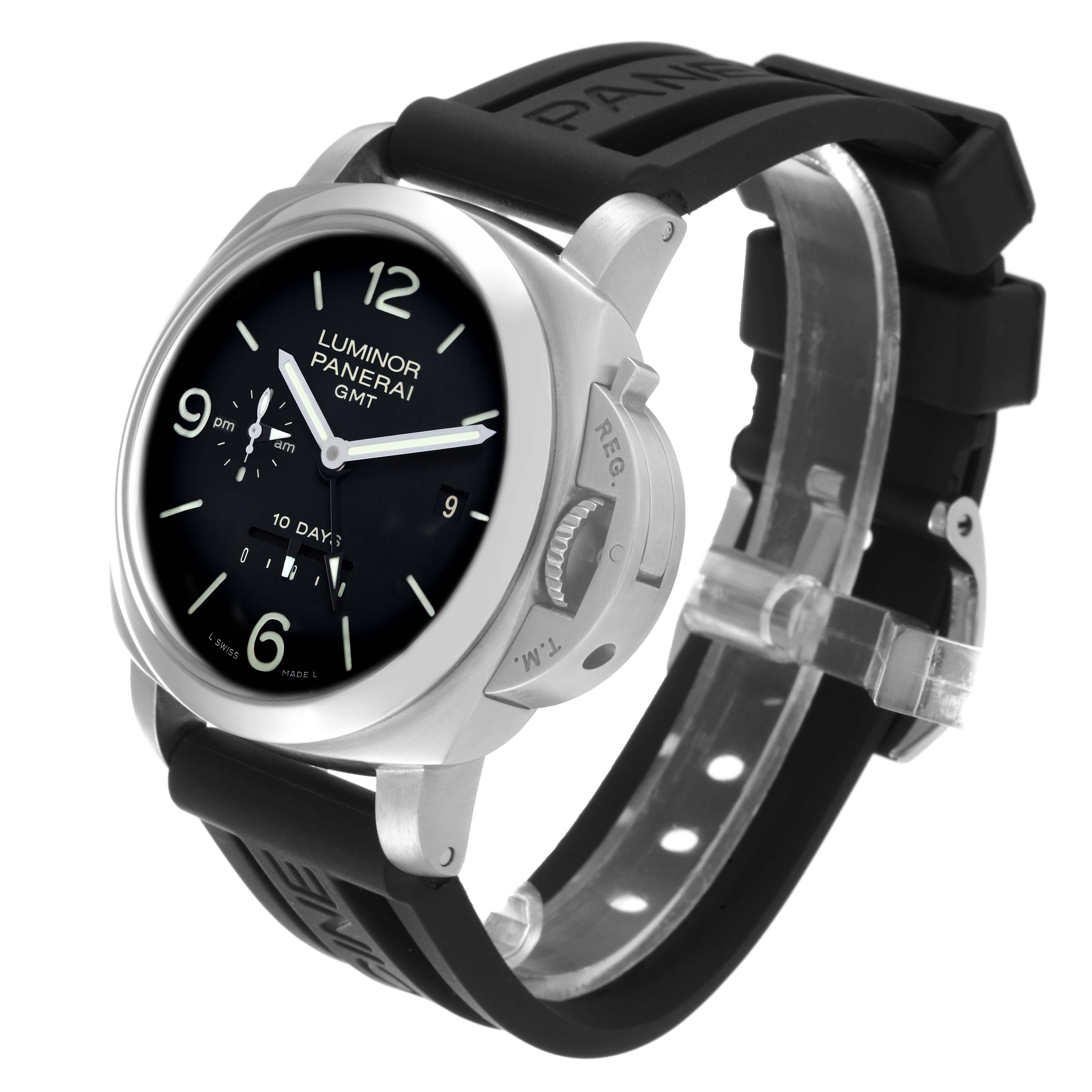 The Luminor Panerai GMT watch is shown at a slight angle, highlighting the face, crown guard, and black rubber strap.