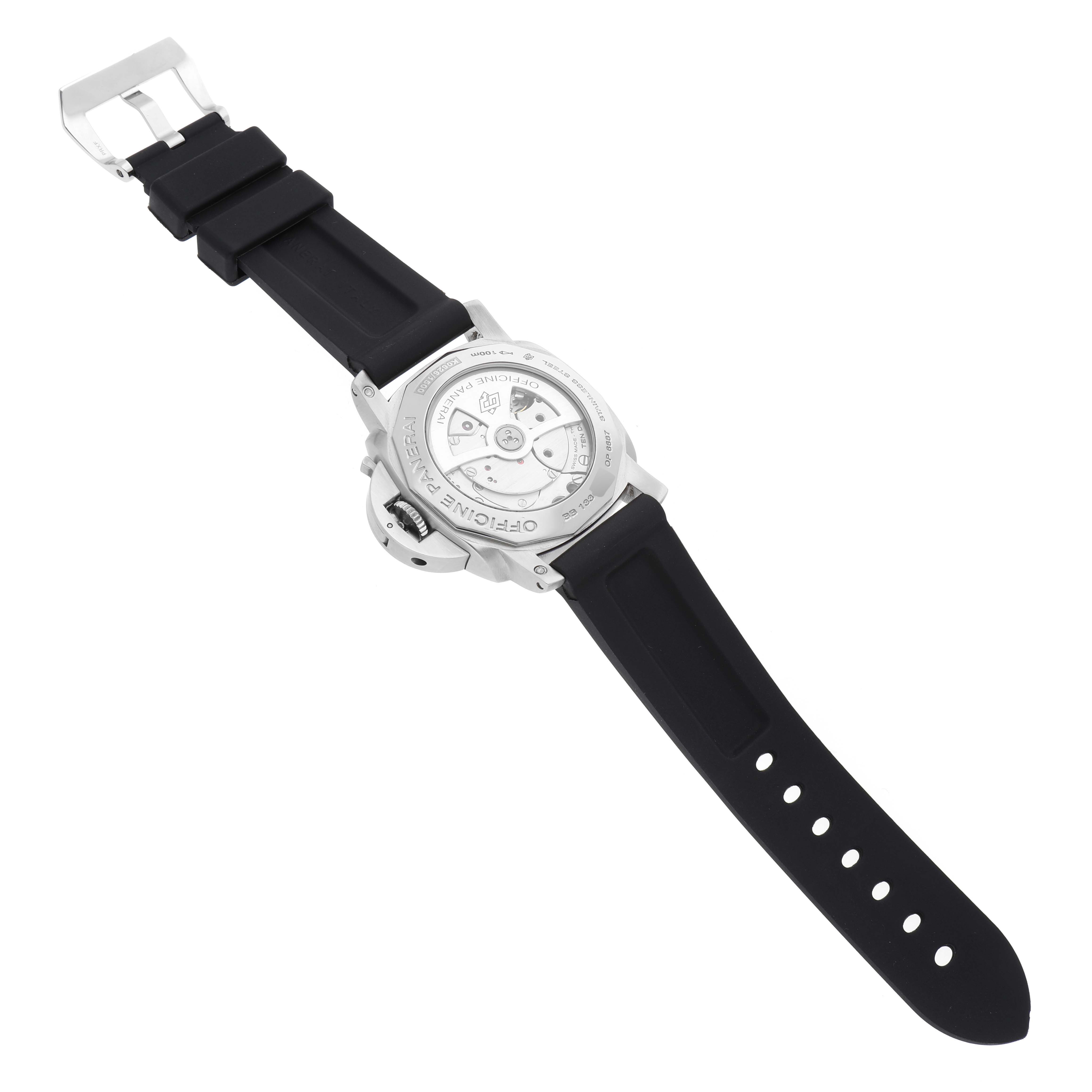 The image shows the back view of a Panerai Luminor PAM00270 Men's Stainless Steel Black Dial PAM00270 Men's Stainless Steel Black Dial watch with a black rubber strap and visible case back.