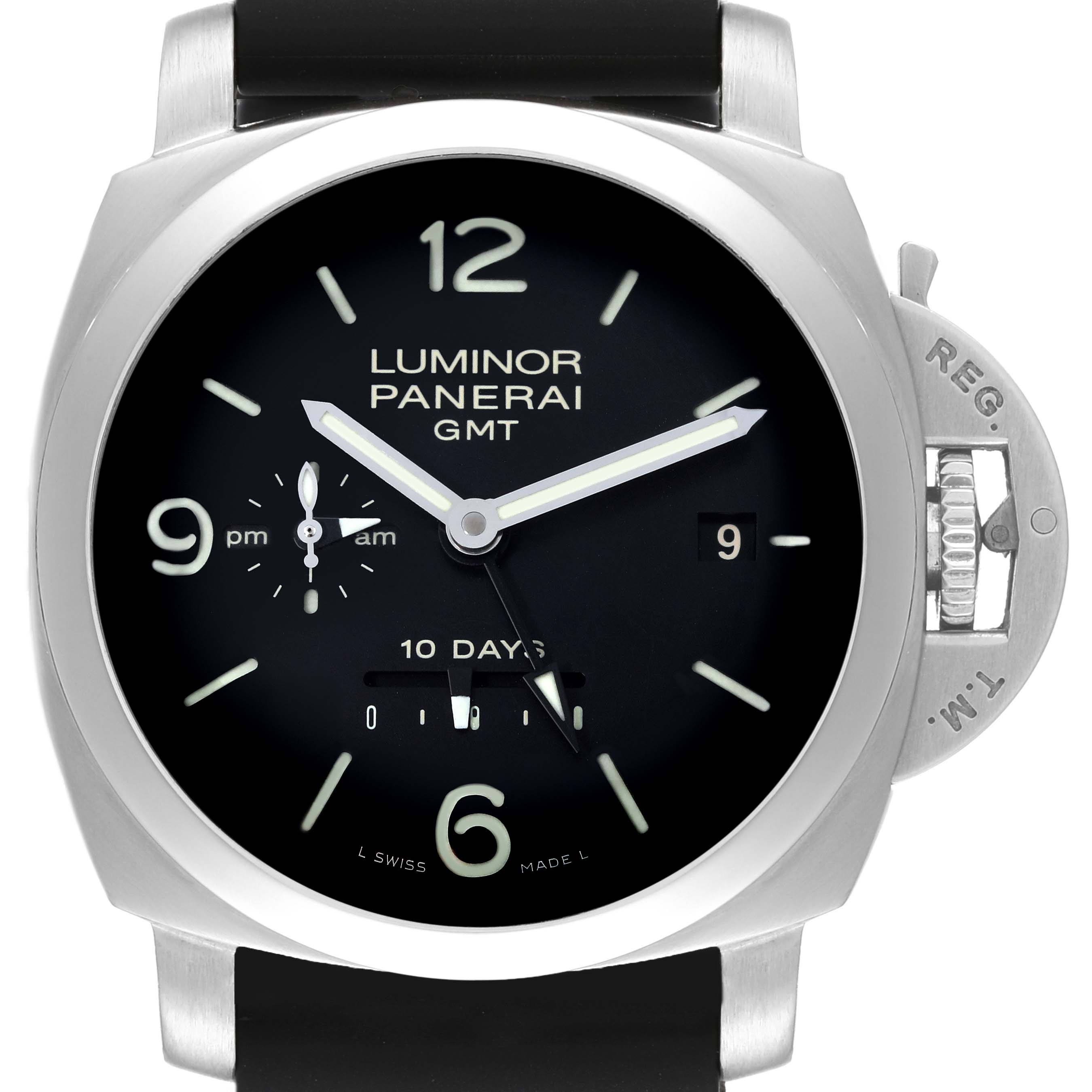 The image shows a front angle of a Panerai Luminor PAM00270 Men's Stainless Steel Black Dial PAM00270 Men's Stainless Steel Black Dial GMT watch, highlighting the dial, hands, and crown guard.