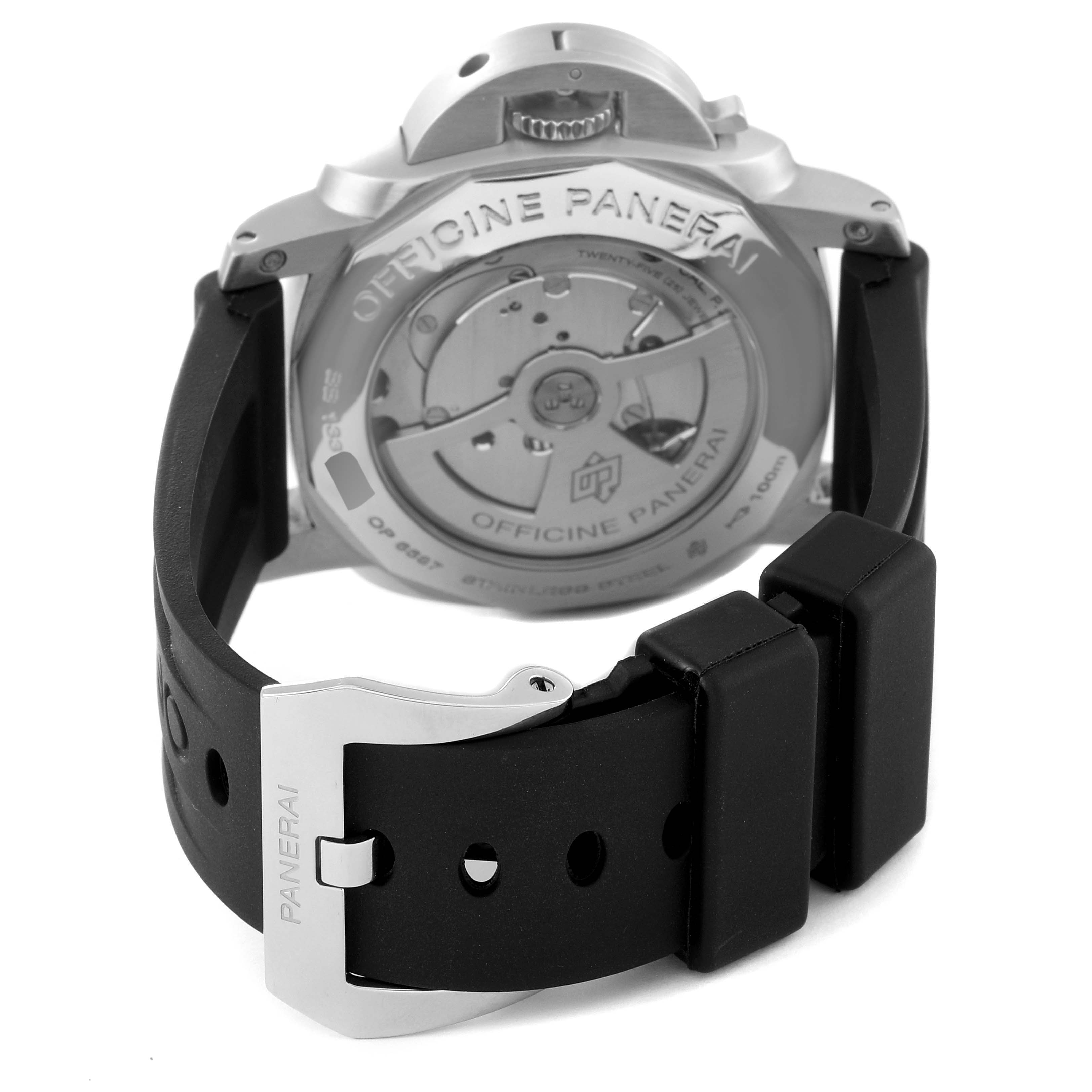 The image shows the back view of a Panerai Luminor PAM00270 Men's Stainless Steel Black Dial PAM00270 Men's Stainless Steel Black Dial watch, focusing on the case back, mechanical movement, and black rubber strap.