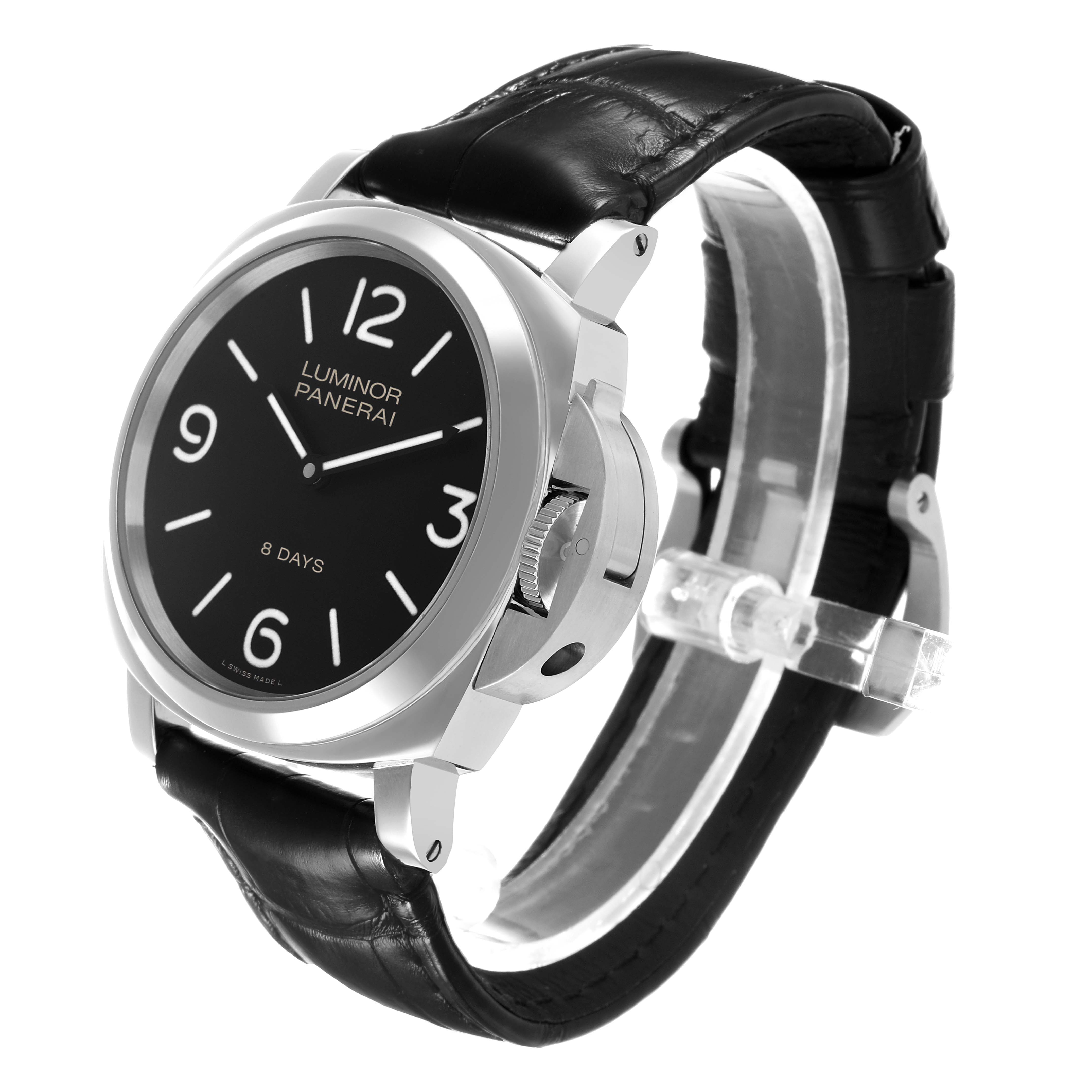 The Panerai Luminor PAM00560 Men's Stainless Steel Black Dial watch is shown at an angled side view, highlighting the dial, crown guard, and leather strap.