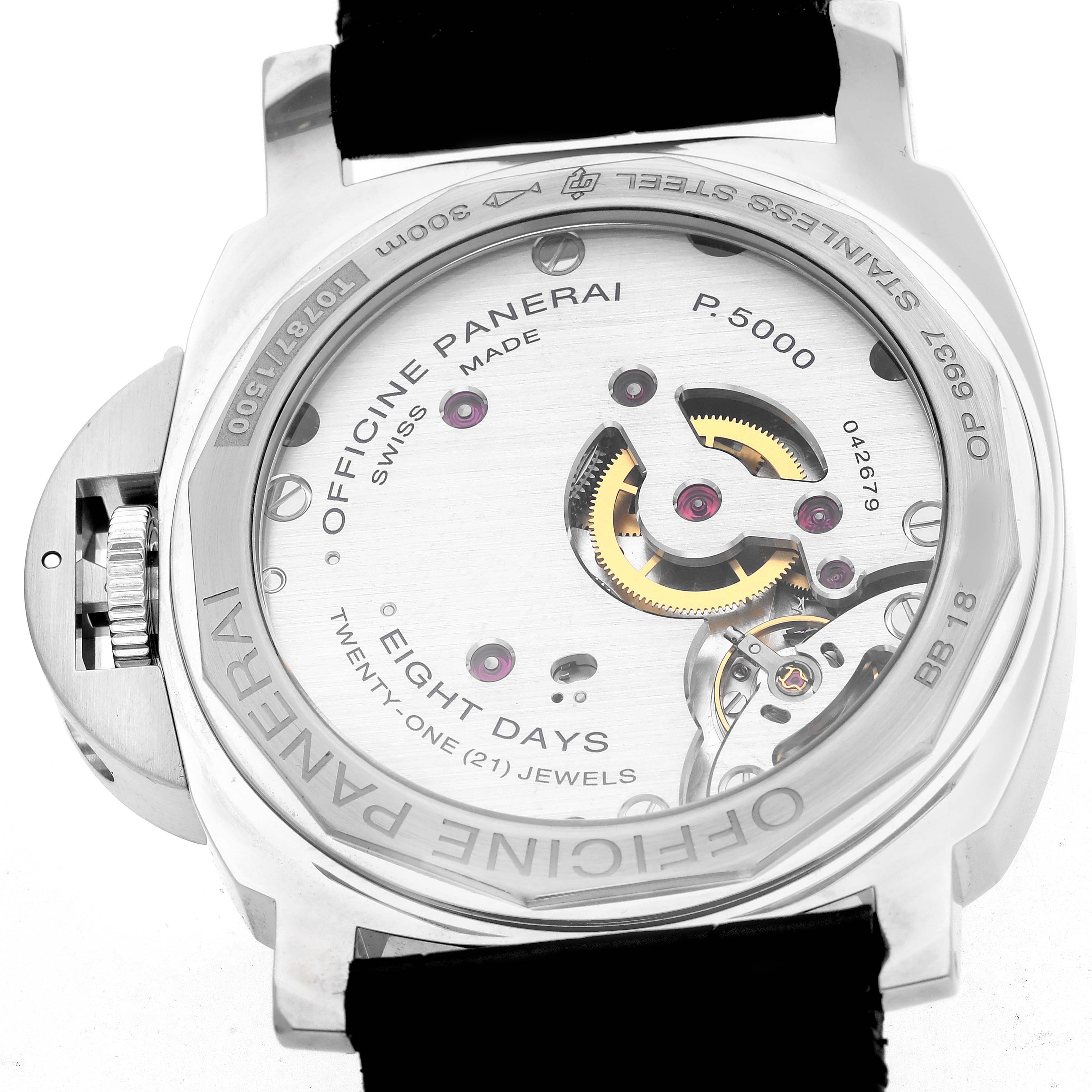 The image shows a rear view of the Panerai Luminor PAM00560 Men's Stainless Steel Black Dial watch, highlighting its movement and transparent case back.