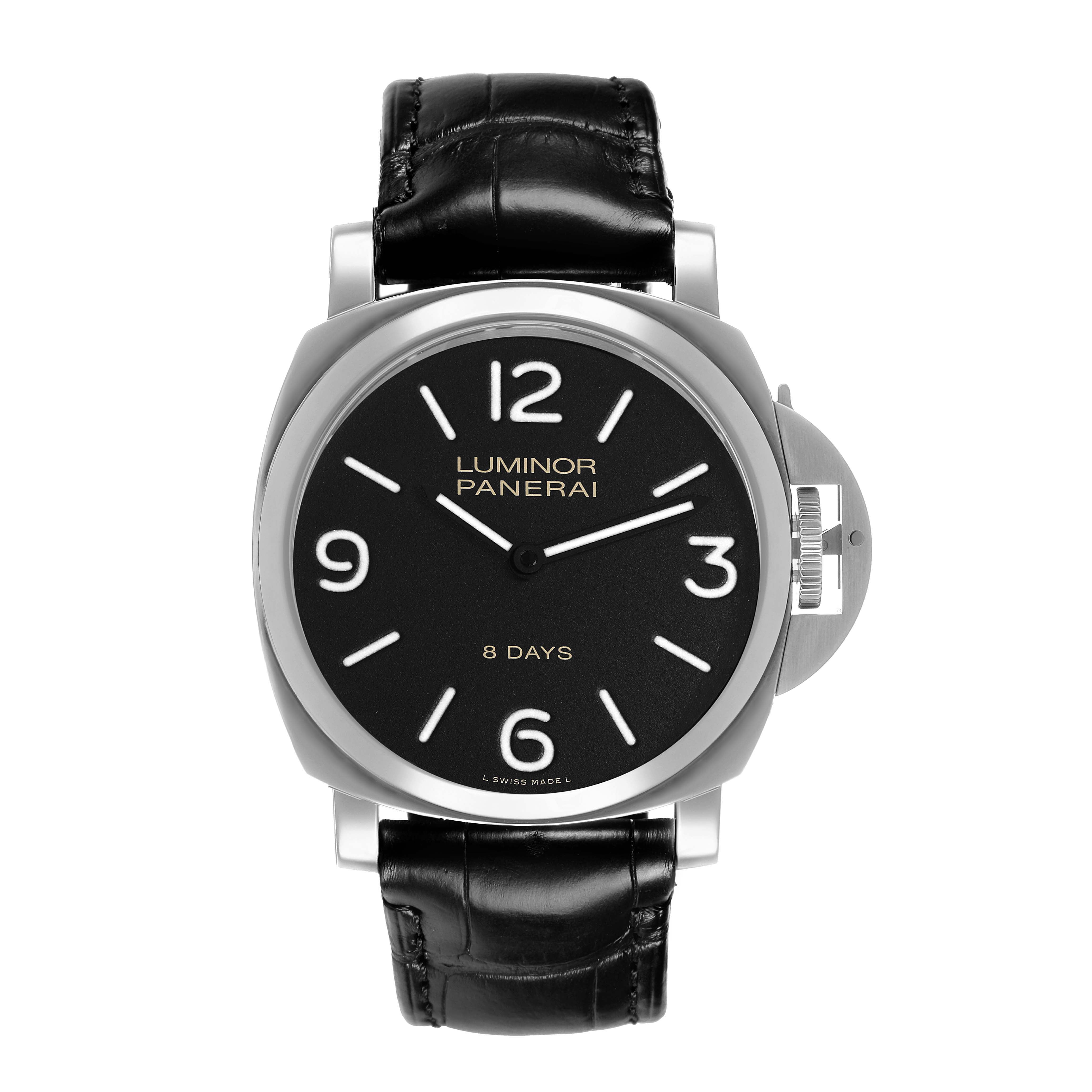 The Panerai Luminor PAM00560 Men's Stainless Steel Black Dial watch is shown from a front angle, highlighting the face, strap, and crown guard.