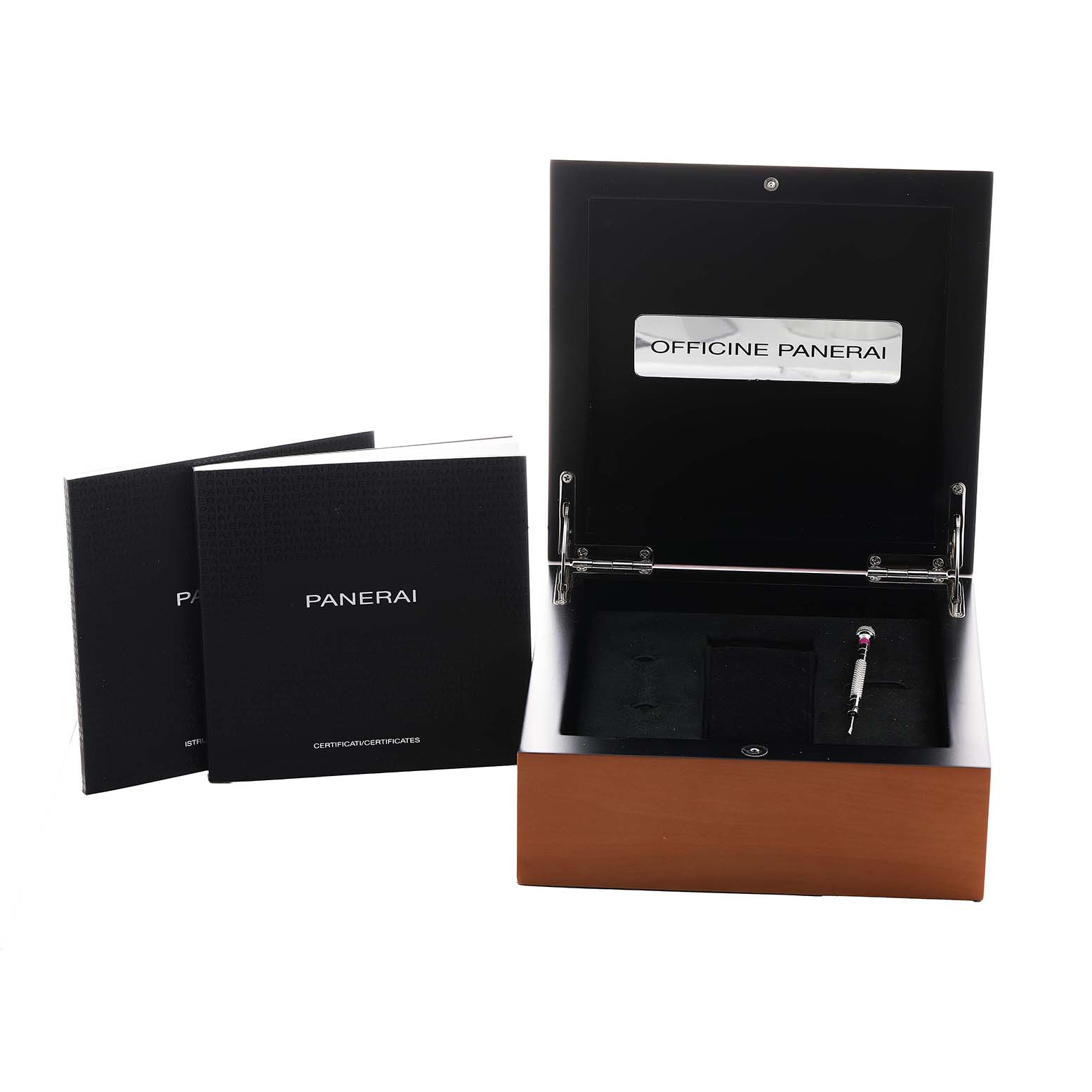 The image shows the open wooden box of a Panerai Luminor PAM00560 Men's Stainless Steel Black Dial watch with tools and manuals alongside.