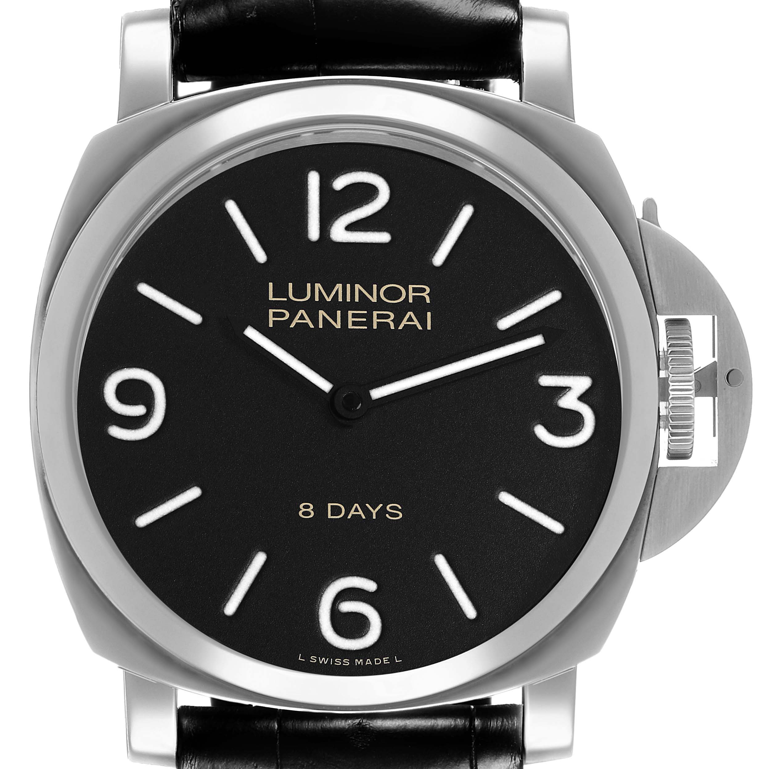 The Panerai Luminor PAM00560 Men's Stainless Steel Black Dial watch is shown from a frontal angle, highlighting its dial, numerals, and crown guard.