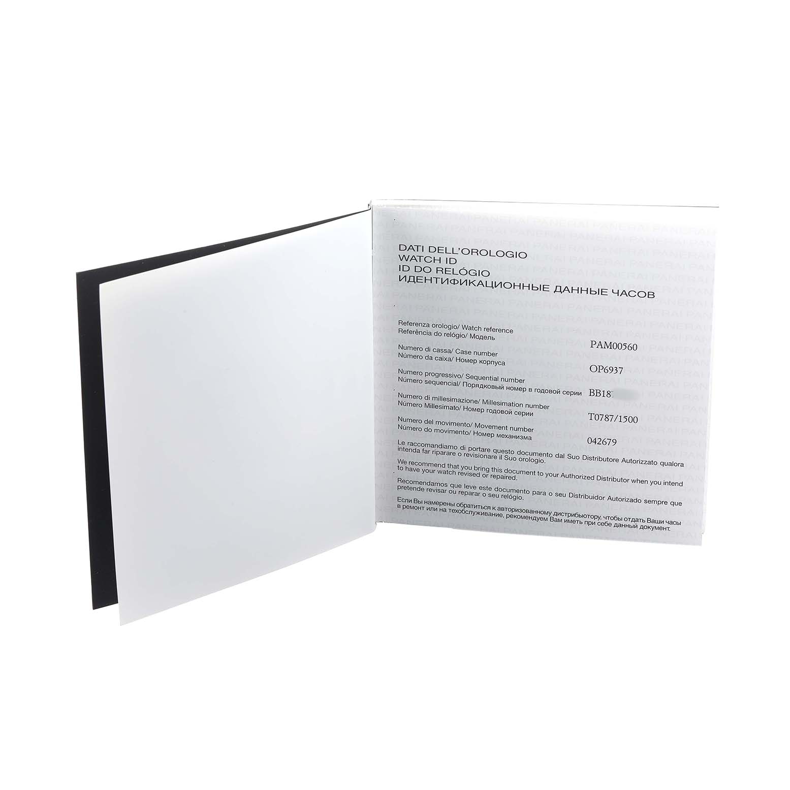 The image shows an open certificate or booklet for a Luminor model by Panerai from a front angle.