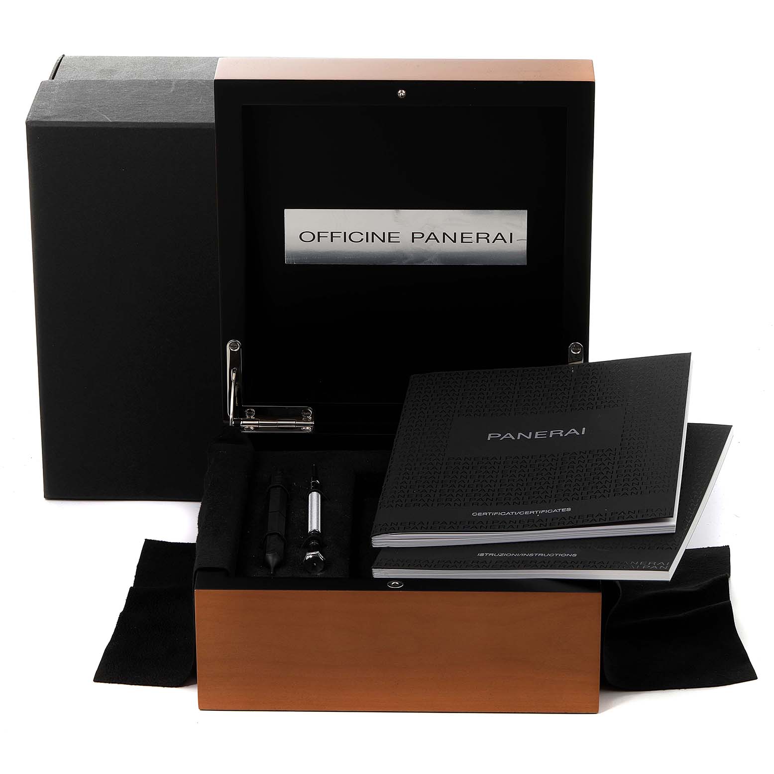 The image shows a Panerai Luminor PAM01321 Men
s Stainless Steel Black Dial PAM01321 Men
s Stainless Steel Black Dial watch box with manuals and tools included.