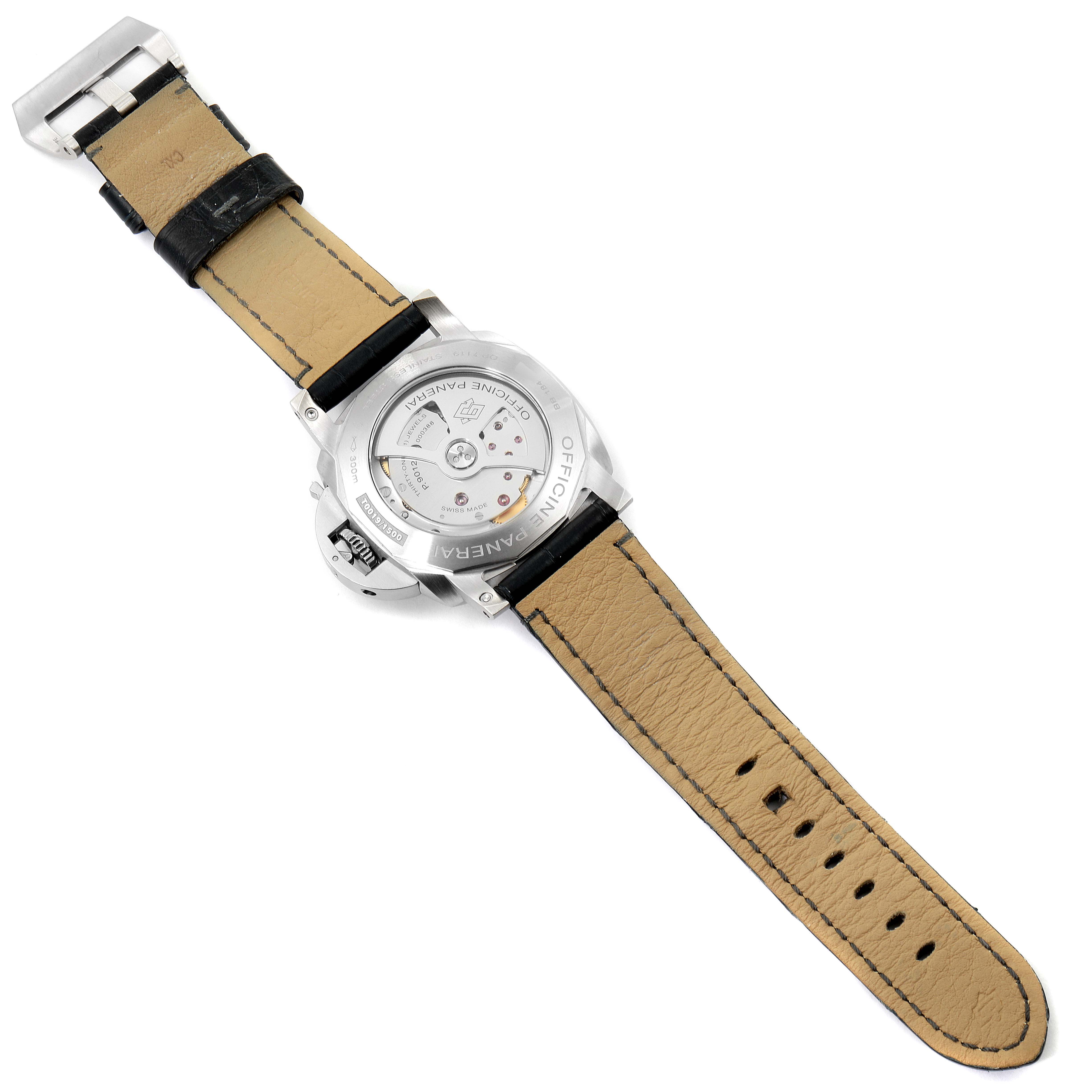 The image shows the reverse side of the Panerai Luminor PAM01321 Men
s Stainless Steel Black Dial PAM01321 Men
s Stainless Steel Black Dial watch, displaying the back case and leather strap.