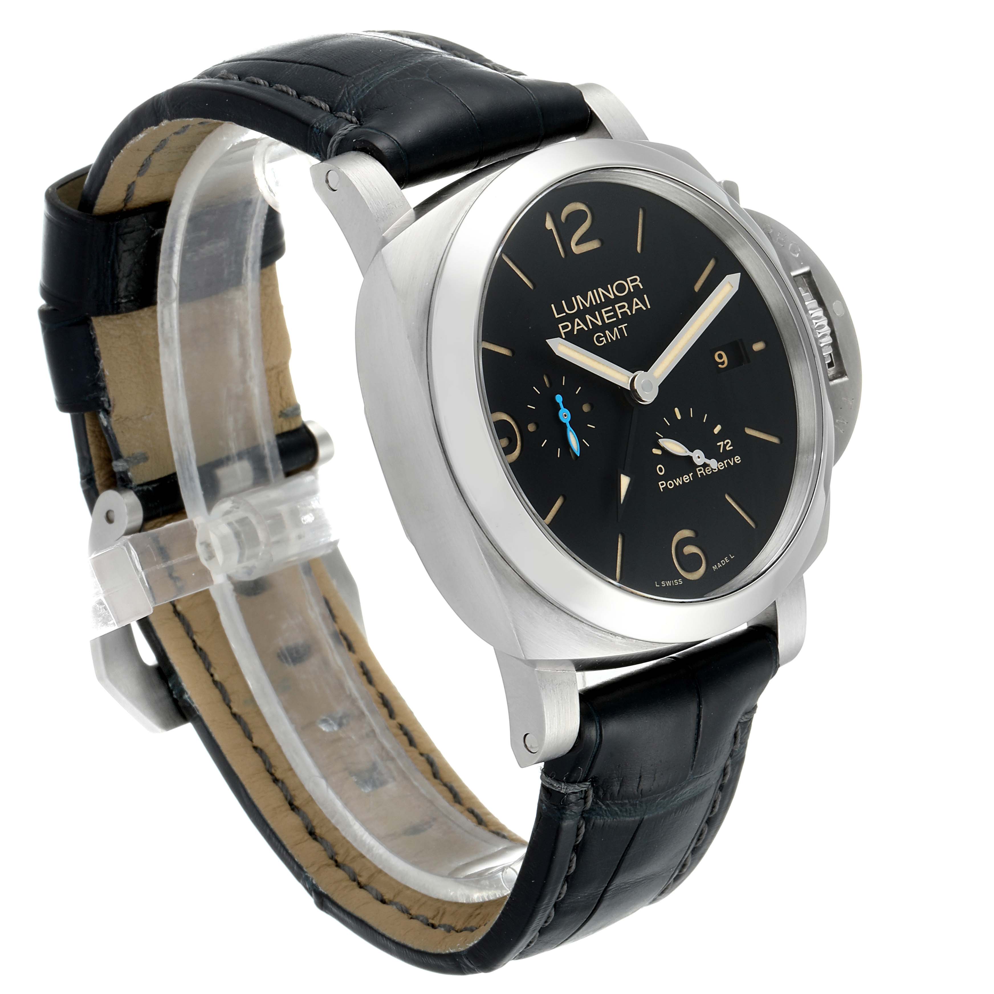 The image shows a Panerai Luminor PAM01321 Men
s Stainless Steel Black Dial PAM01321 Men
s Stainless Steel Black Dial GMT watch at an angle displaying the face, crown, and leather strap.