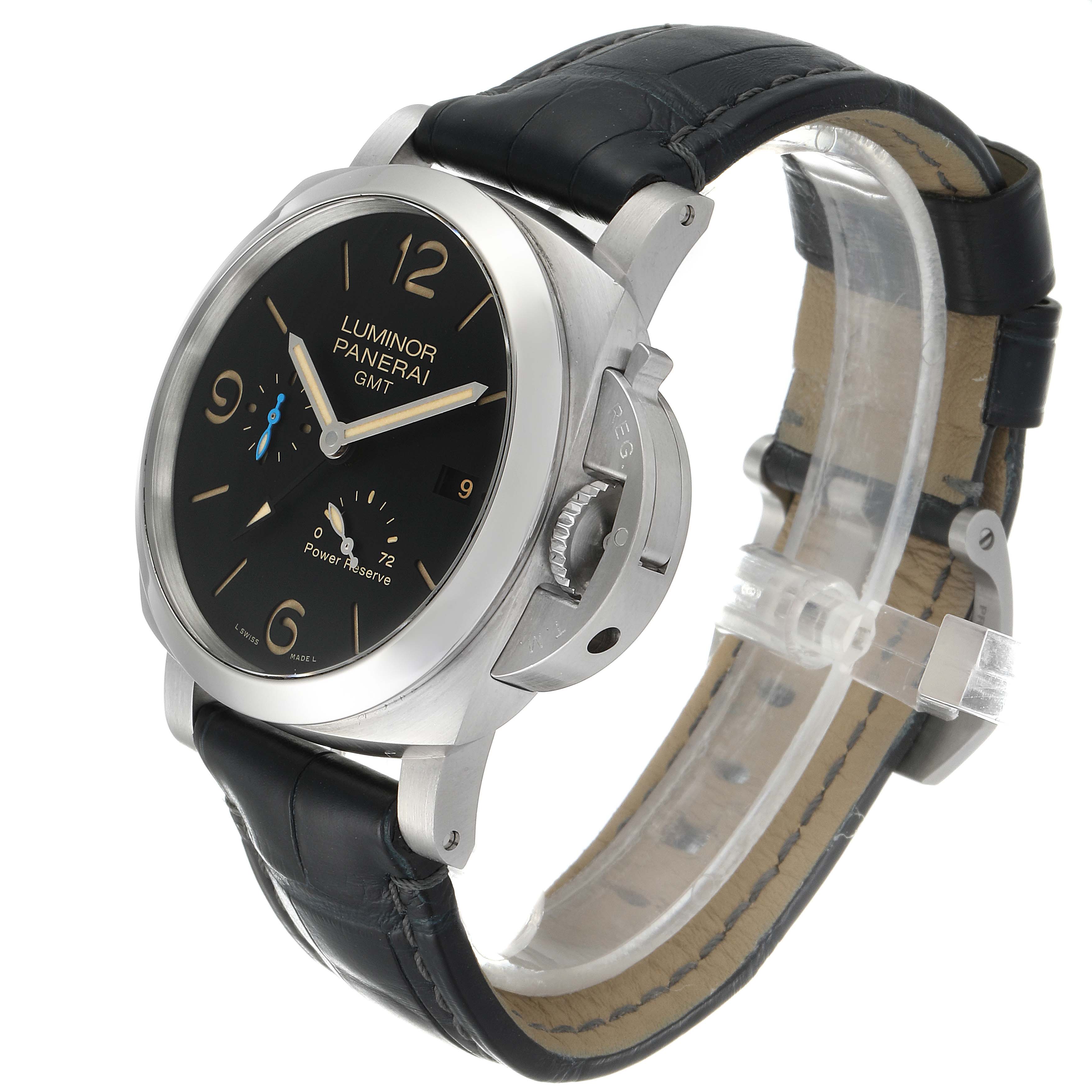 The image shows a side-angle view of a Panerai Luminor PAM01321 Men
s Stainless Steel Black Dial PAM01321 Men
s Stainless Steel Black Dial watch, highlighting the dial, case, crown guard, and black leather strap.