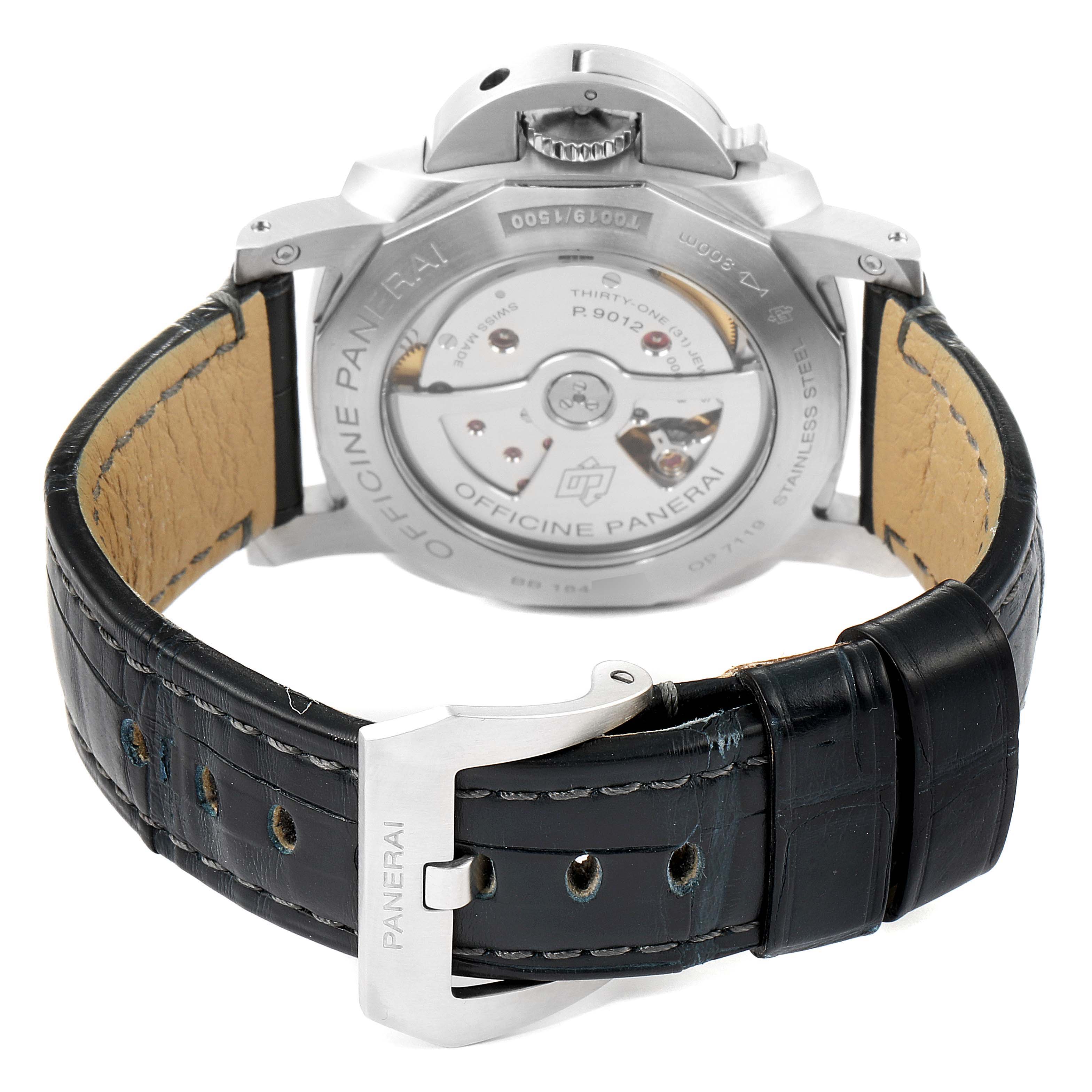 The image shows the back view of a Panerai Luminor PAM01321 Men
s Stainless Steel Black Dial PAM01321 Men
s Stainless Steel Black Dial watch, highlighting its open case back and black leather strap with a buckle.