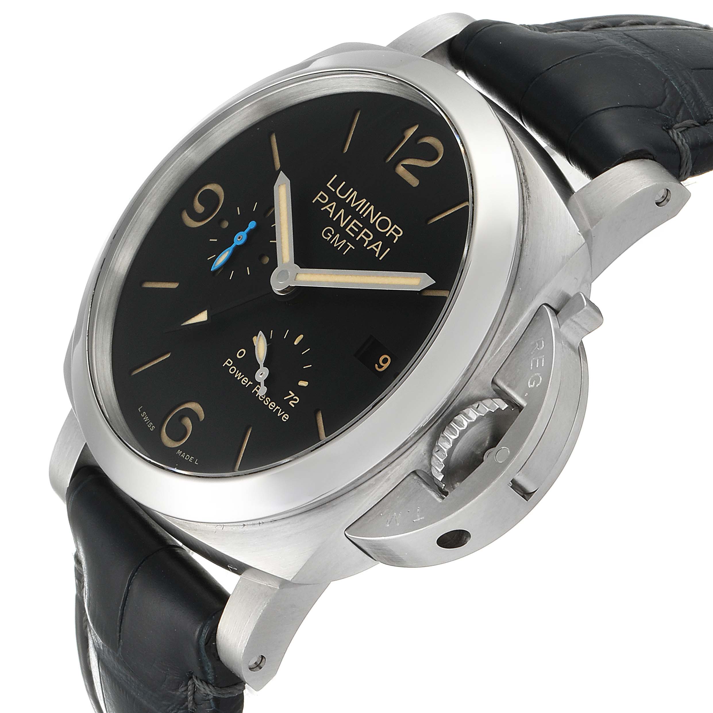 The image shows a Luminor Panerai GMT watch at an angle, highlighting the watch face, crown guard, and black leather strap.