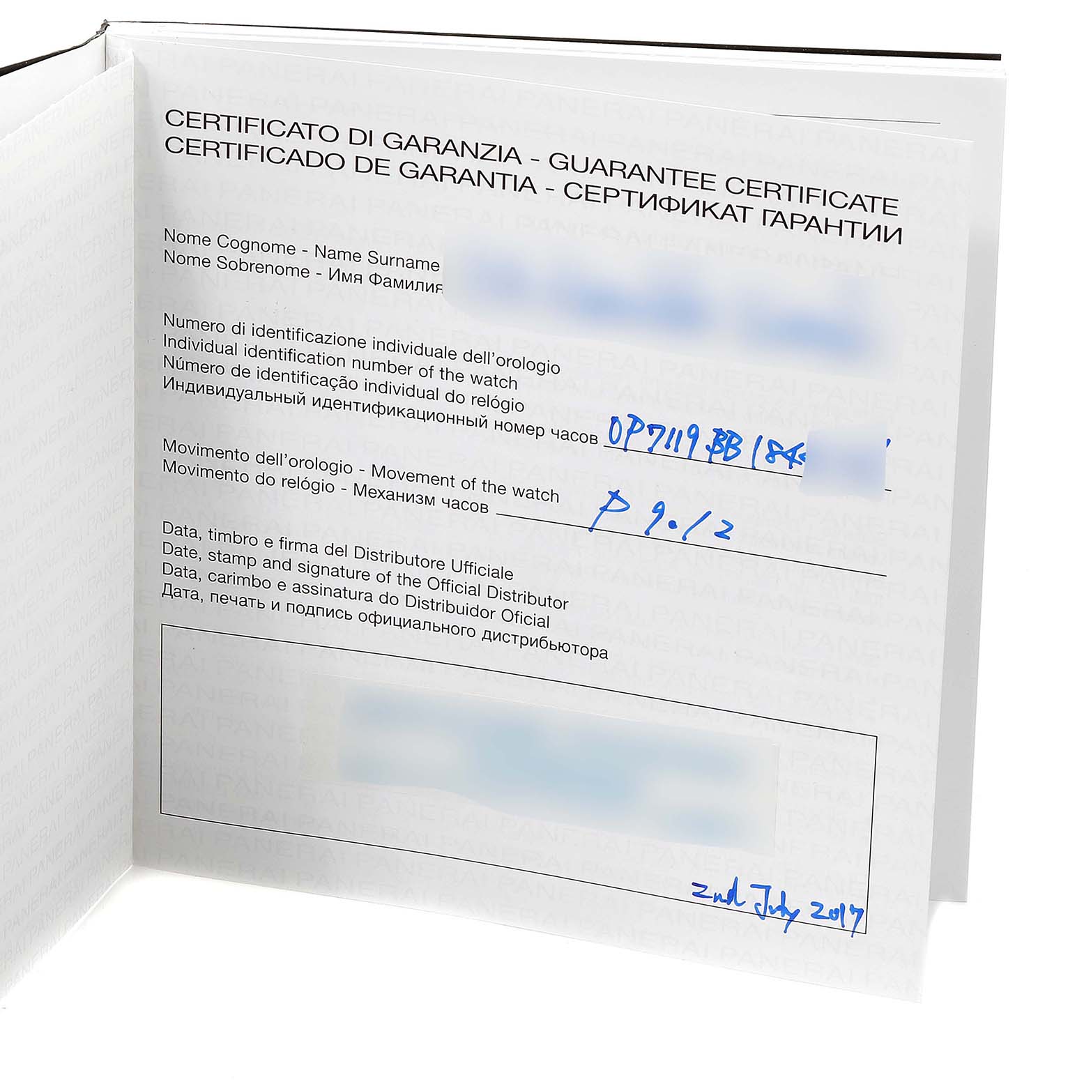 The image shows the guarantee certificate for a Panerai Luminor PAM01321 Men
s Stainless Steel Black Dial PAM01321 Men
s Stainless Steel Black Dial watch, captured at an angle displaying both pages.