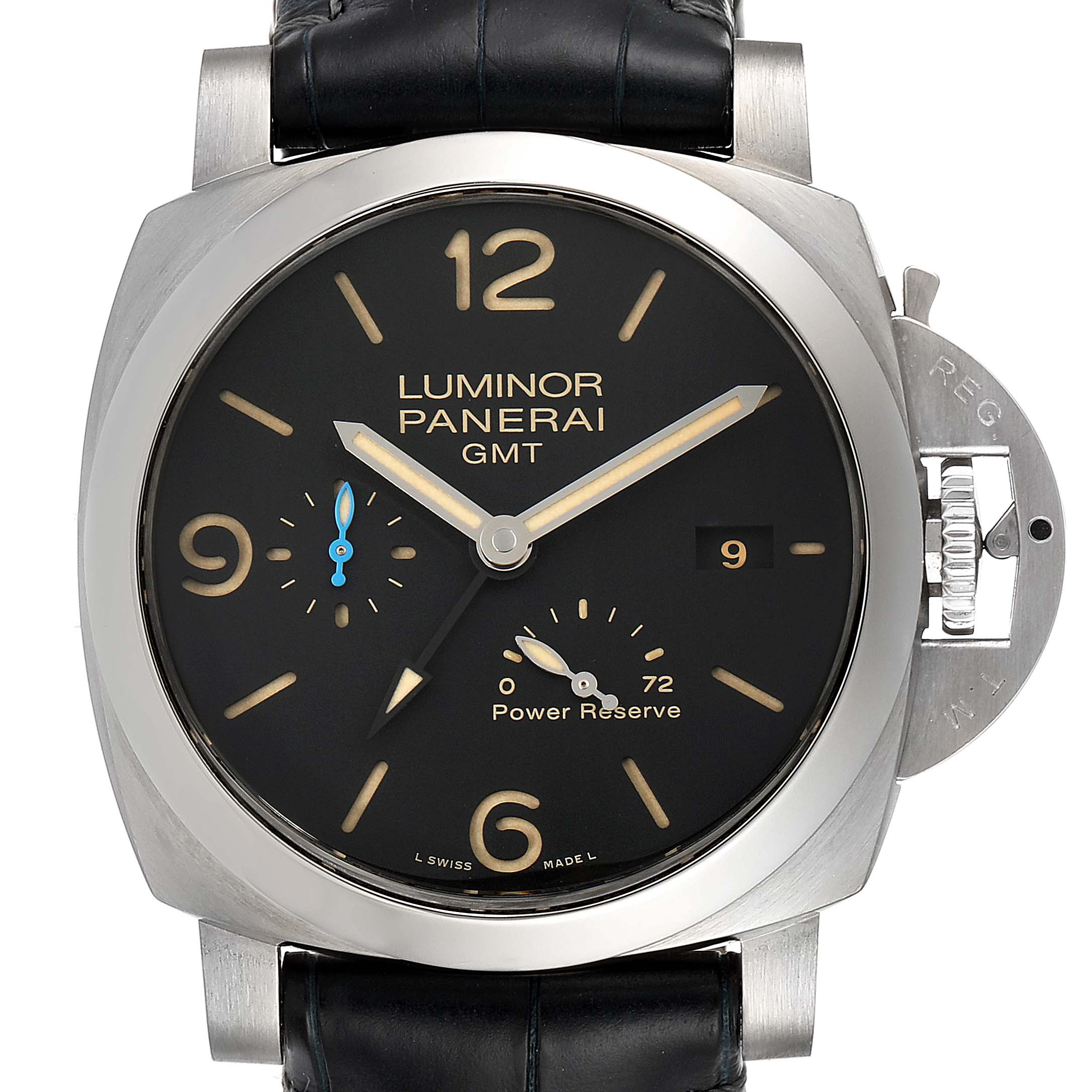 This image shows a front view of a Panerai Luminor PAM01321 Men
s Stainless Steel Black Dial PAM01321 Men
s Stainless Steel Black Dial GMT watch with a black dial and leather strap.