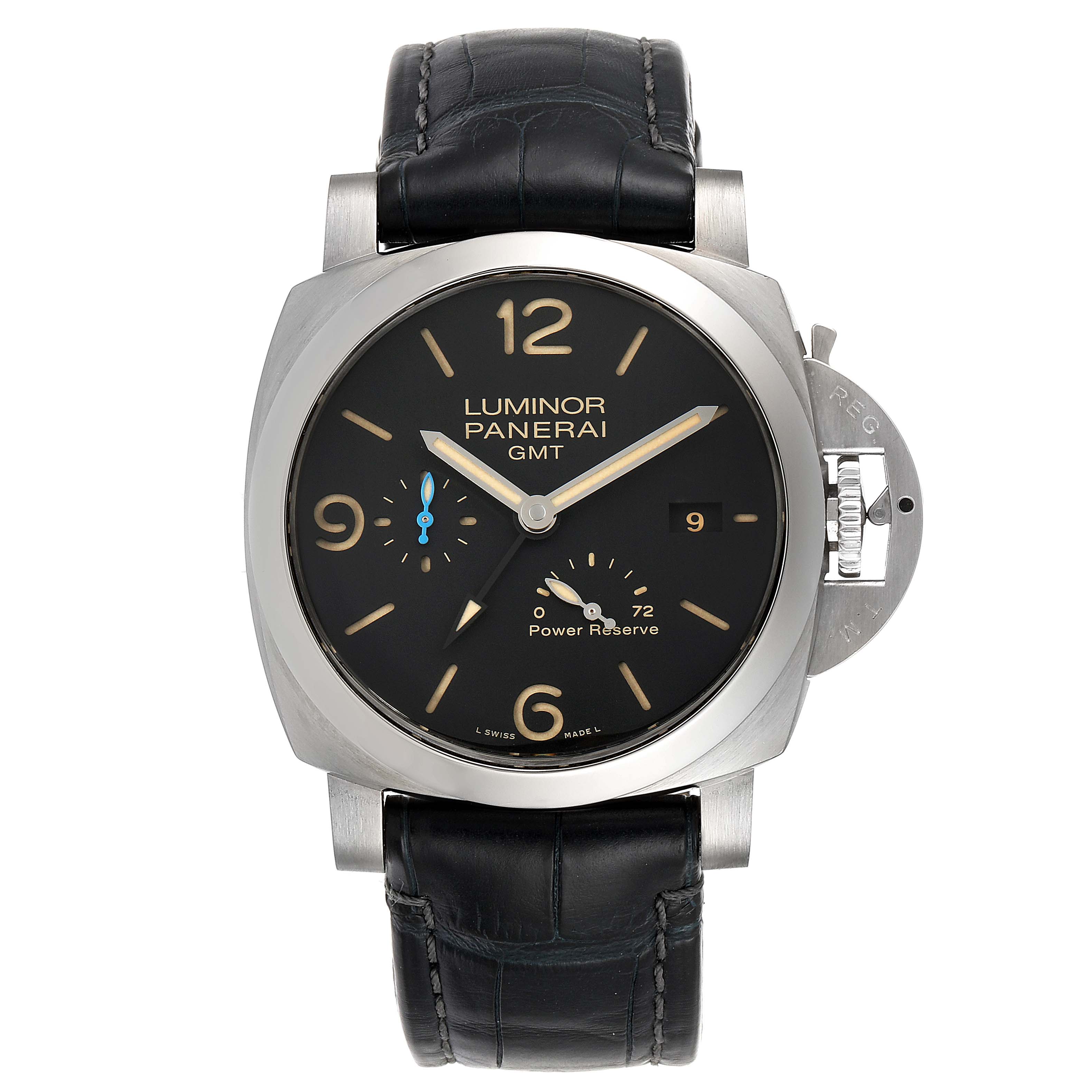 This image shows a front view of the Panerai Luminor PAM01321 Men
s Stainless Steel Black Dial PAM01321 Men
s Stainless Steel Black Dial watch, highlighting the face, hands, date display, and power reserve indicator.