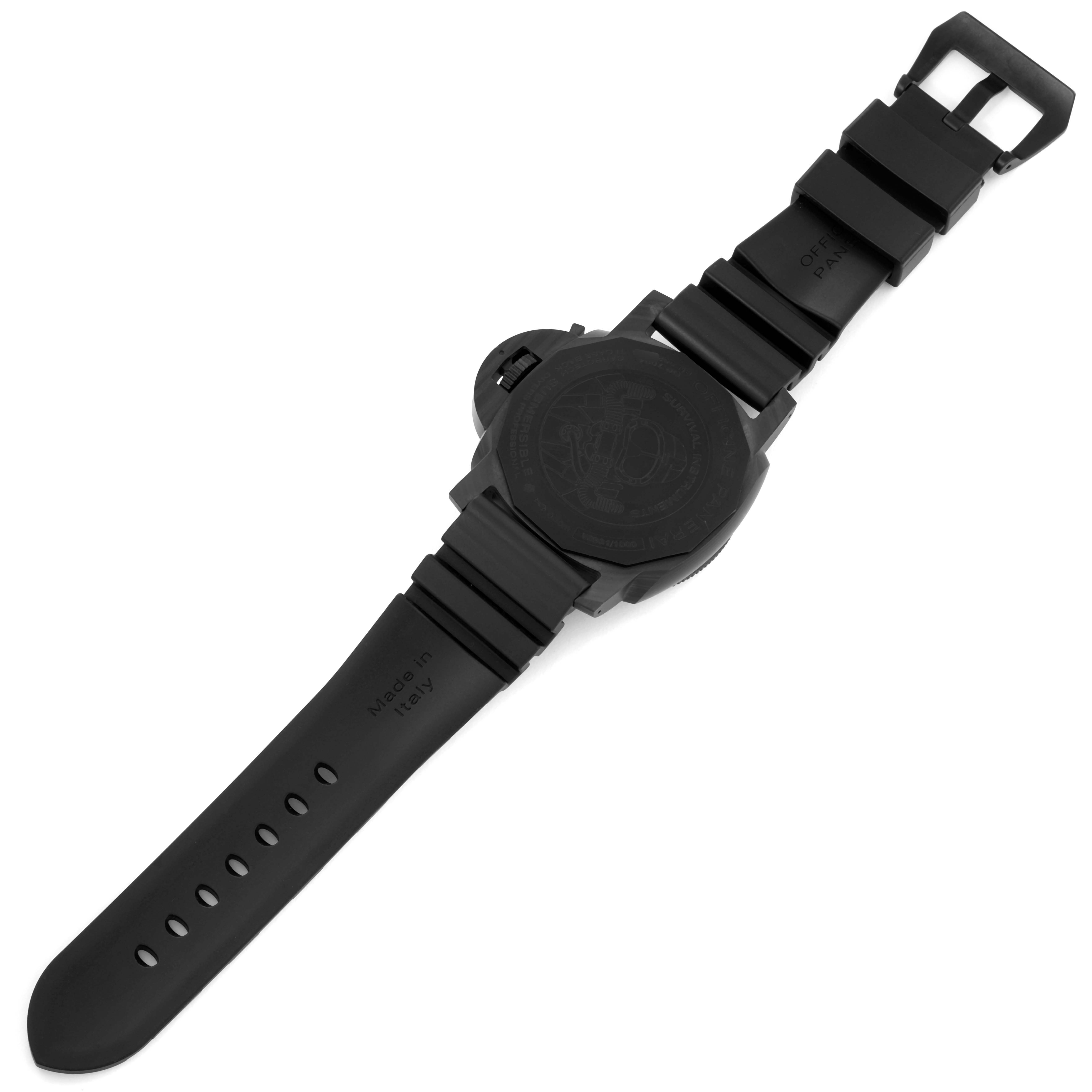 The image shows the back view of a Panerai Submersible PAM00979 Men's Ceramic Grey Dial PAM00979 Men's Ceramic Grey Dial watch, including its strap and buckle.