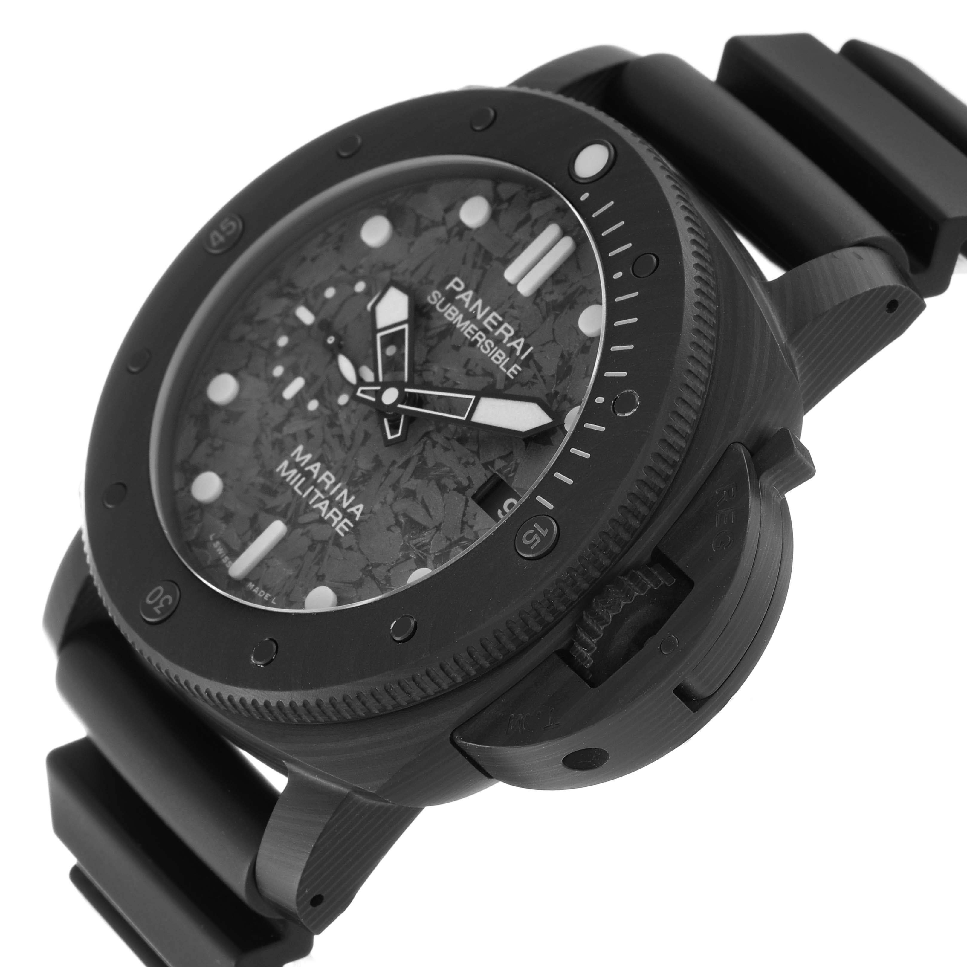The Panerai Submersible PAM00979 Men's Ceramic Grey Dial PAM00979 Men's Ceramic Grey Dial watch is shown at a slight angle, highlighting the dial, bezel, and part of the strap.