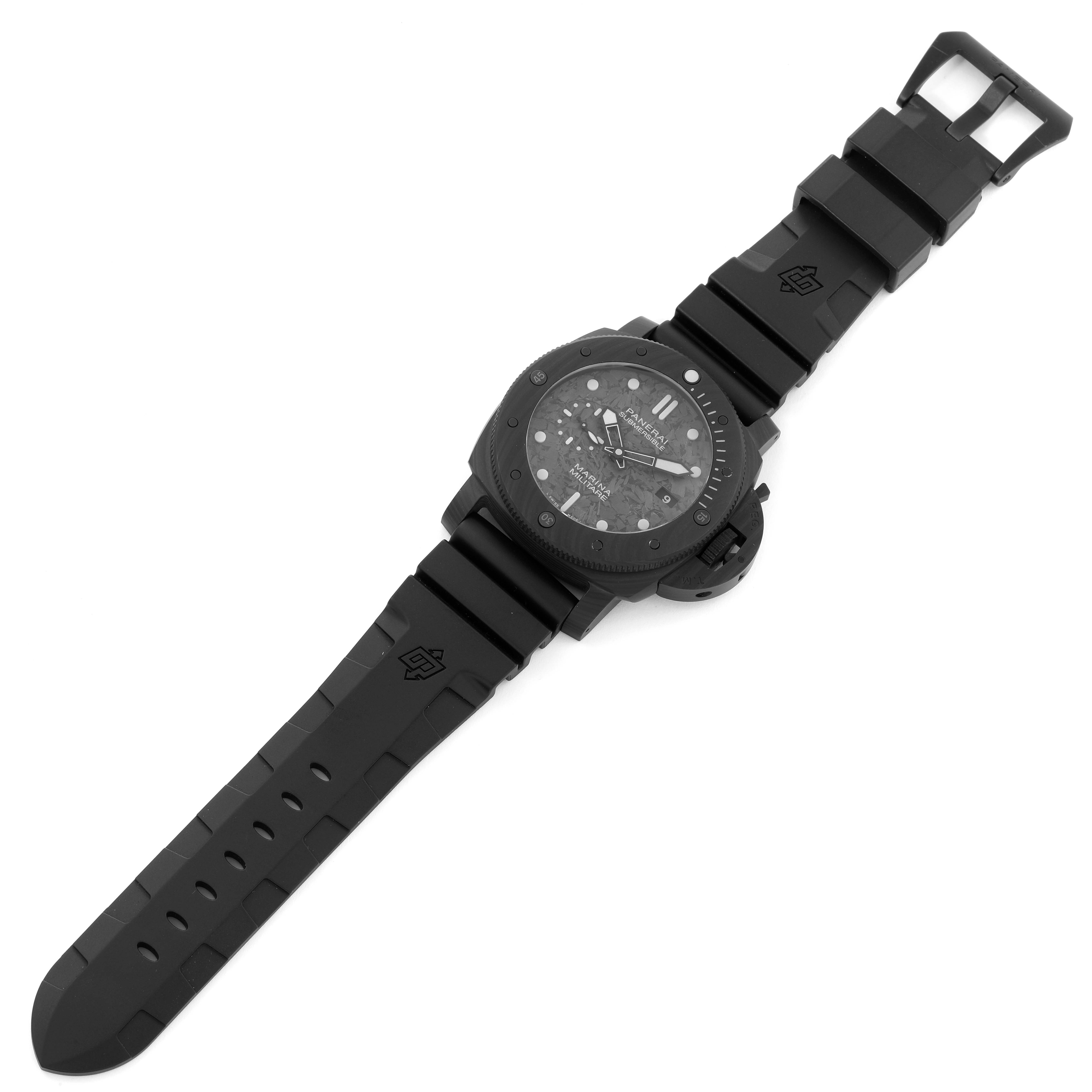 The Panerai Submersible PAM00979 Men's Ceramic Grey Dial PAM00979 Men's Ceramic Grey Dial watch is shown from a top view, displaying the watch face, case, and strap with the buckle.