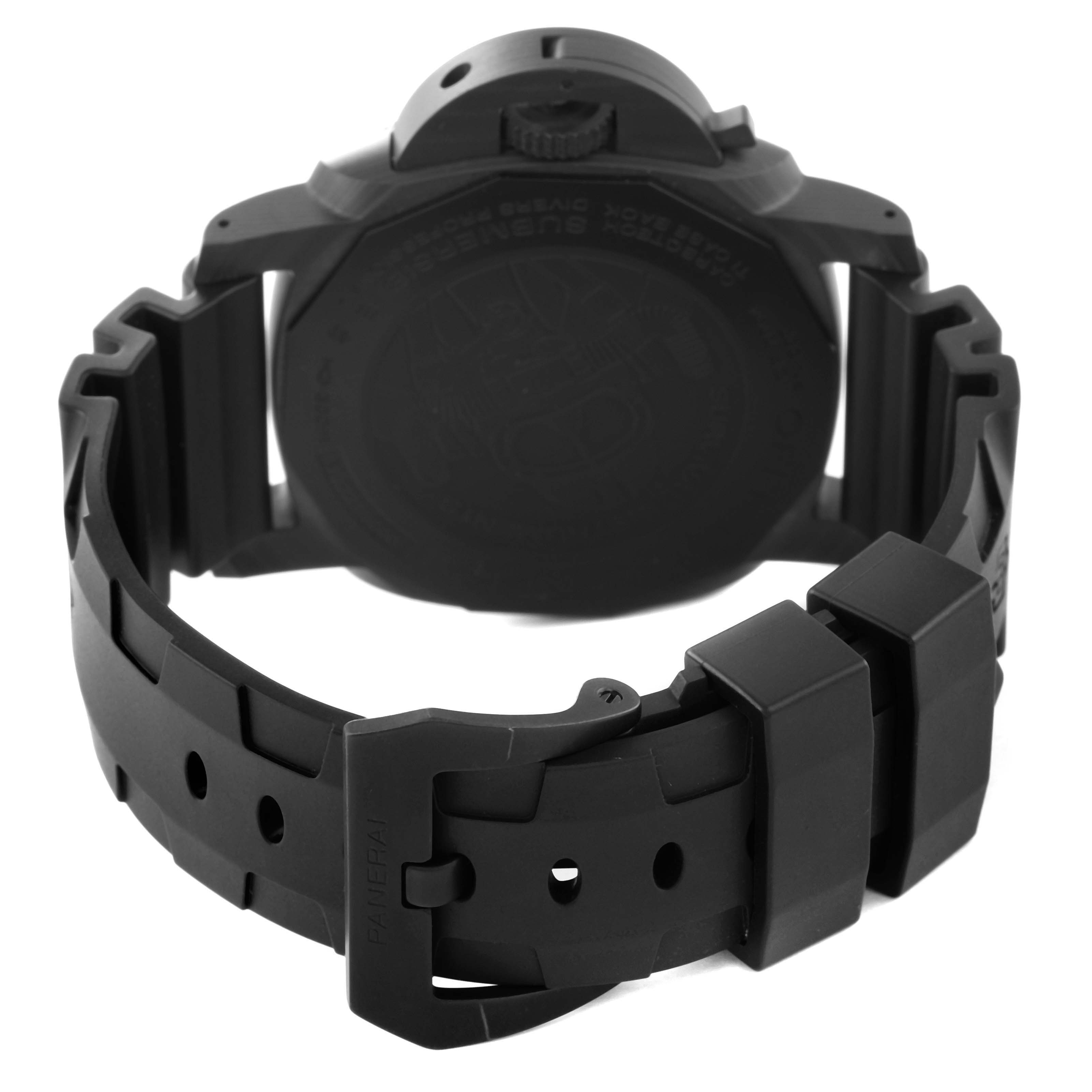 This image shows the back view of a Panerai Submersible PAM00979 Men's Ceramic Grey Dial PAM00979 Men's Ceramic Grey Dial watch, highlighting the case back and rubber strap.