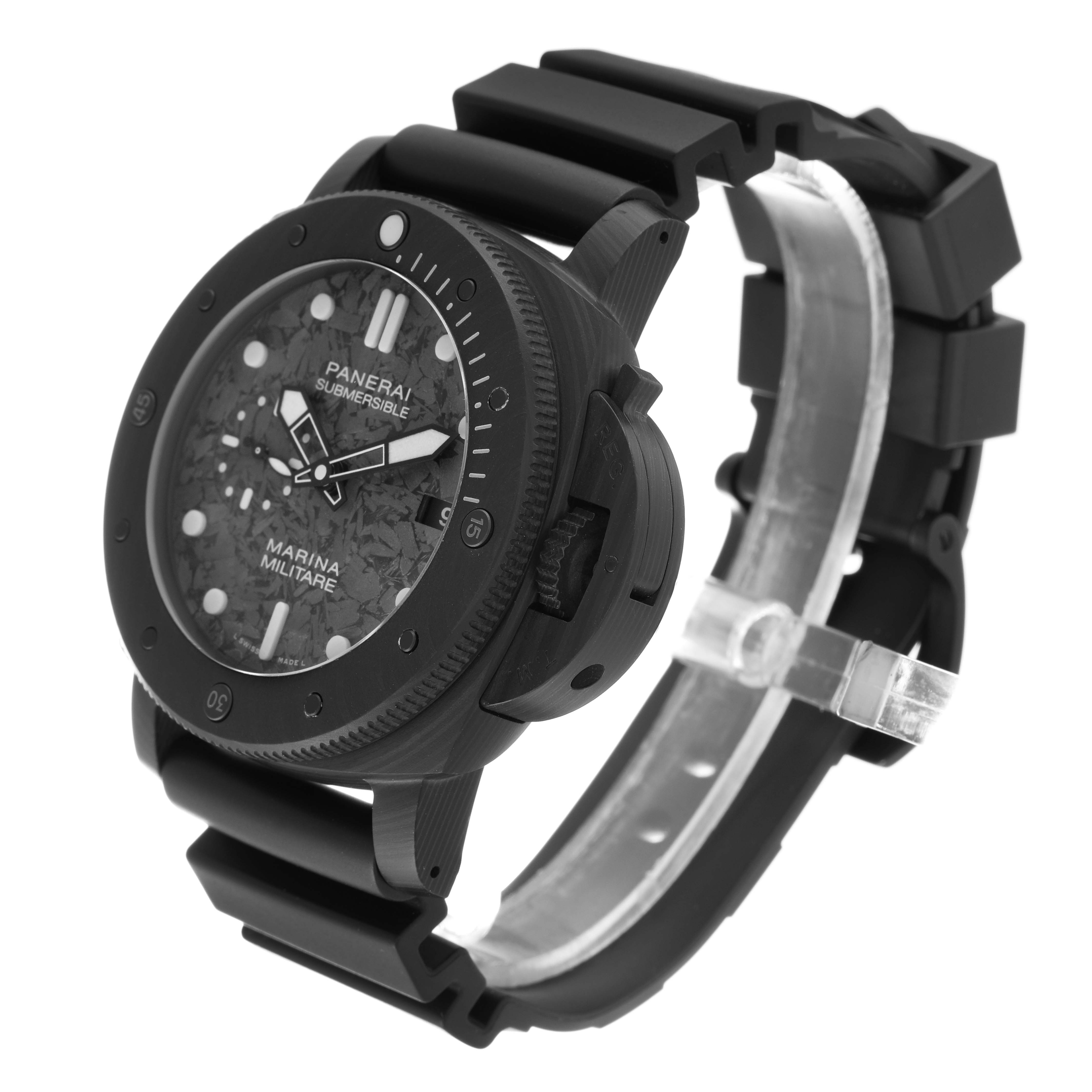 The Panerai Submersible PAM00979 Men's Ceramic Grey Dial PAM00979 Men's Ceramic Grey Dial watch is shown at a side angle, displaying its black dial, bezel, and black rubber strap.