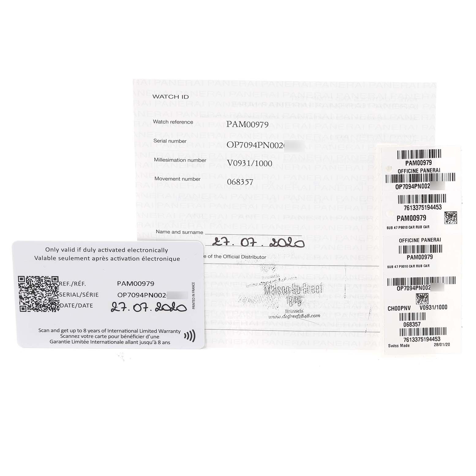 The image shows the warranty card, hang tag, and documentation for the Panerai Submersible PAM00979 Men's Ceramic Grey Dial PAM00979 Men's Ceramic Grey Dial model PAM00979.