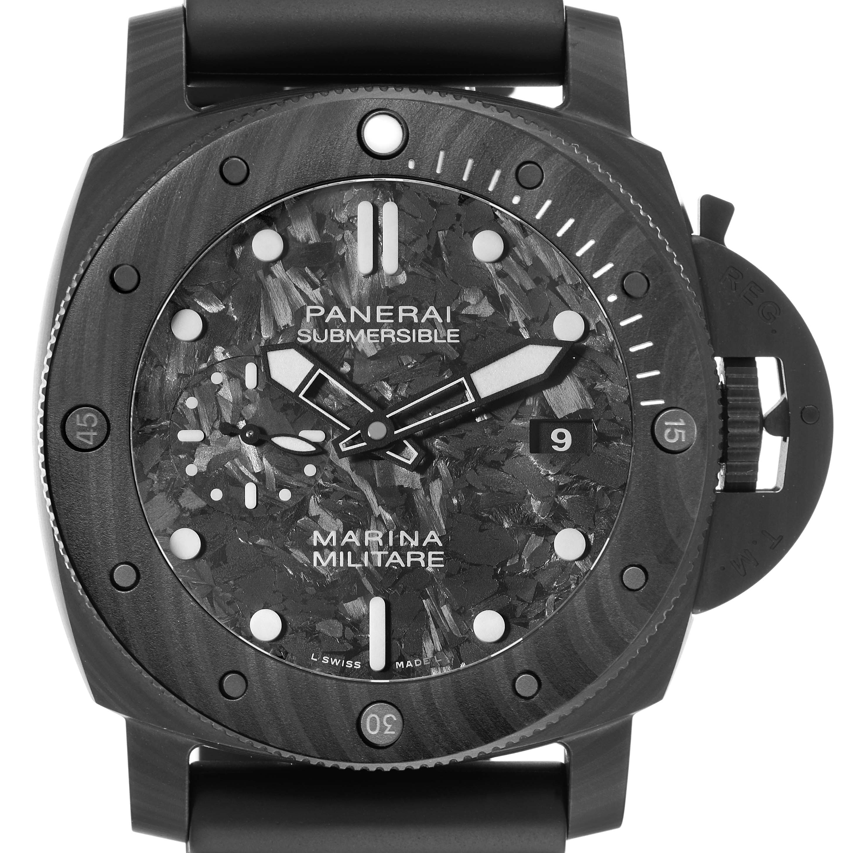 This is a front view of the Panerai Submersible PAM00979 Men's Ceramic Grey Dial PAM00979 Men's Ceramic Grey Dial watch, showing the face, bezel, and strap attachments.