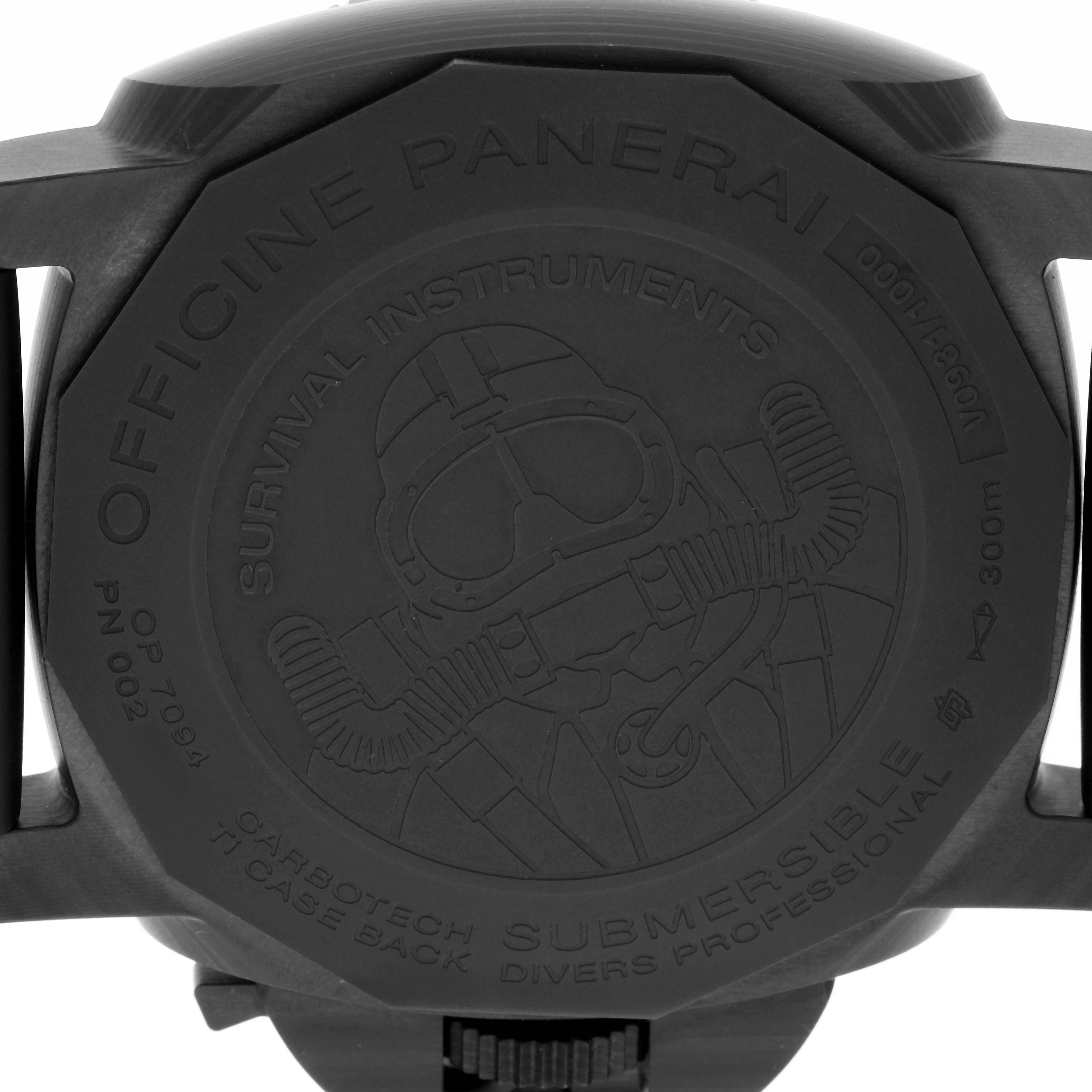 The image shows the back case of the Panerai Submersible PAM00979 Men's Ceramic Grey Dial PAM00979 Men's Ceramic Grey Dial watch with inscriptions and an engraved design.