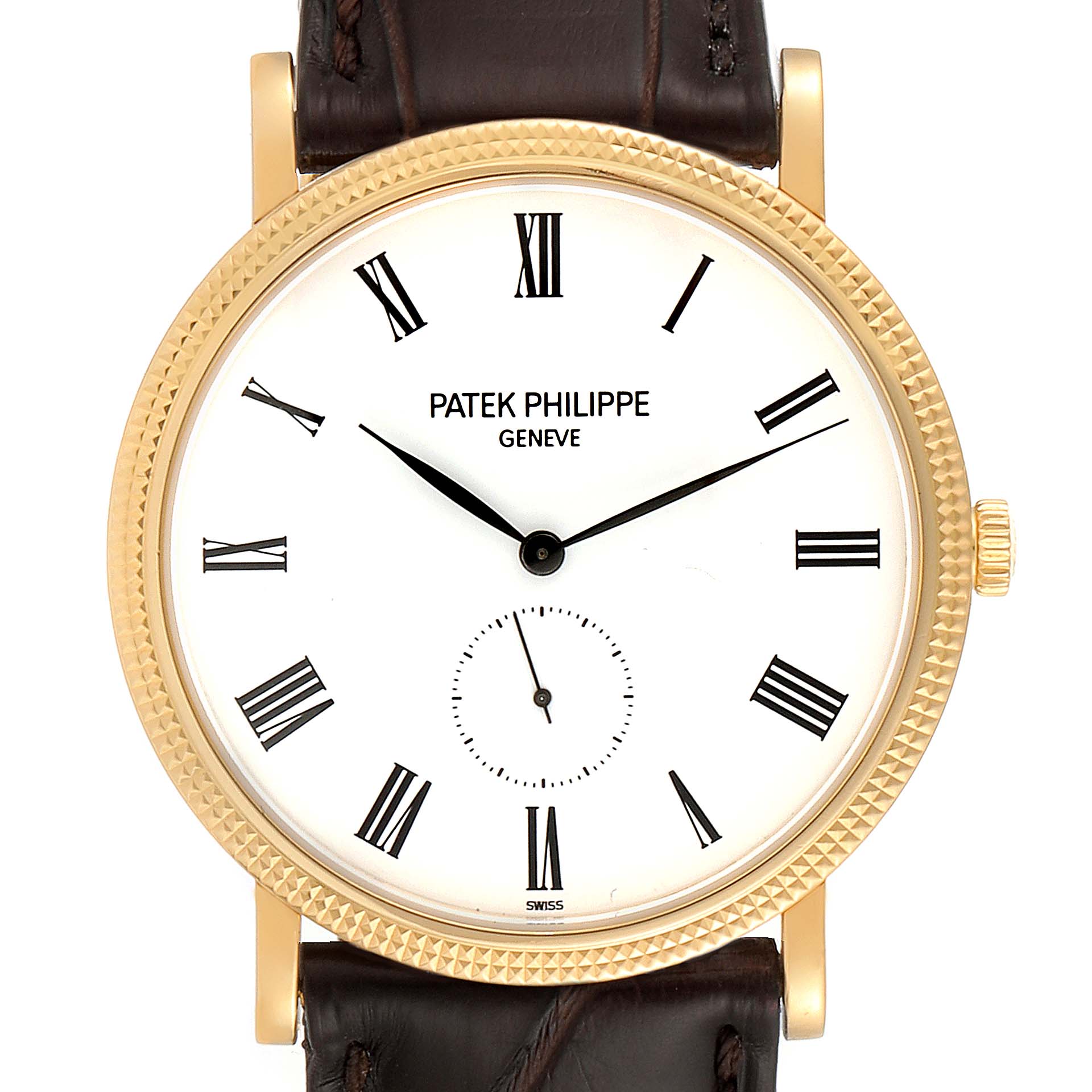This image shows the front view of a Patek Philippe Calatrava 5119J Men's Yellow Gold White Dial 5119J Men's Yellow Gold White Dial watch with a gold bezel and leather strap.