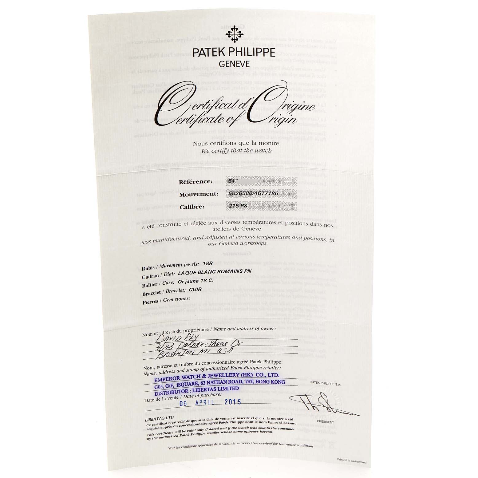 The image displays the Certificate of Origin for a Patek Philippe Calatrava 5119J Men's Yellow Gold White Dial 5119J Men's Yellow Gold White Dial watch, detailing model, movement, and caliber information.
