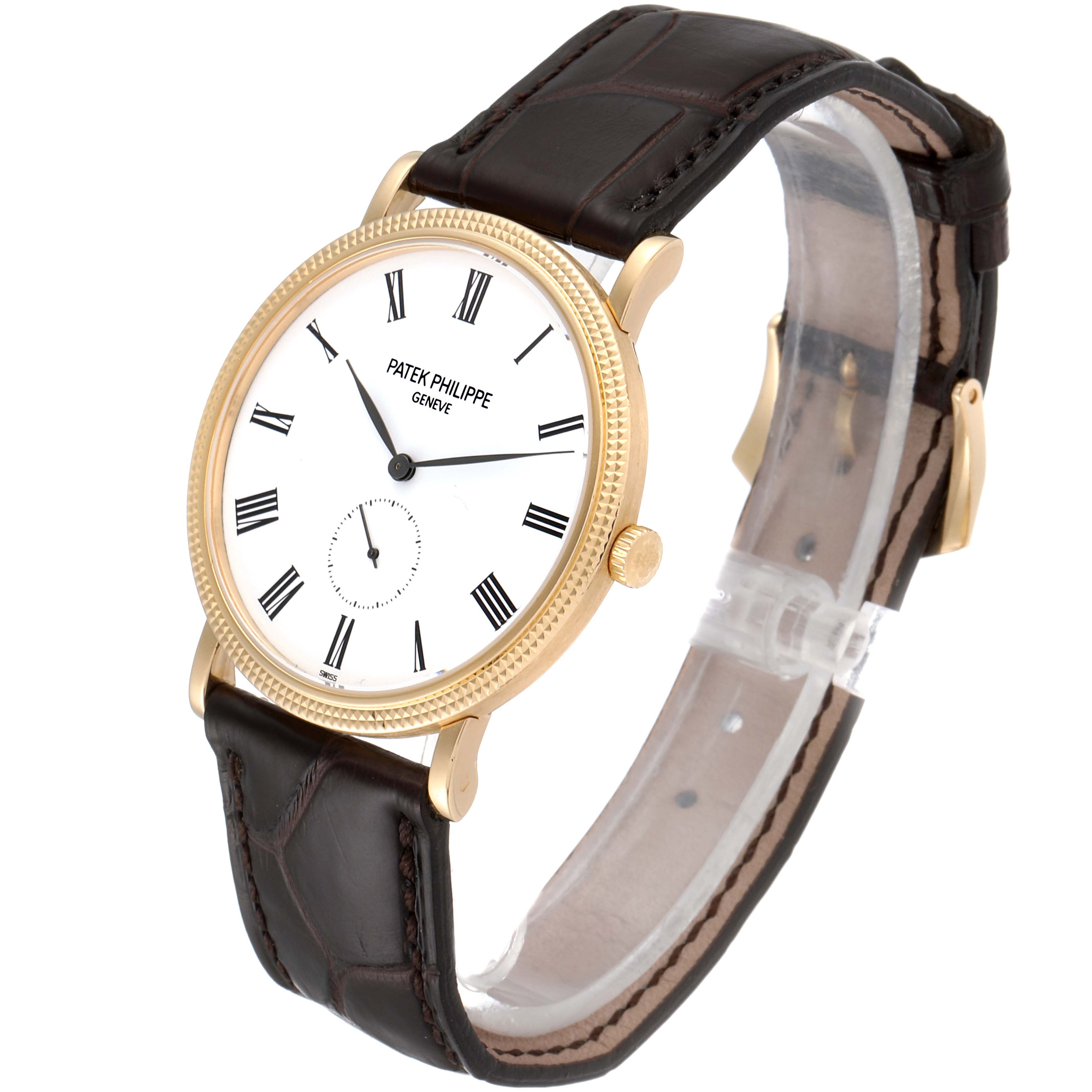 This image shows a Patek Philippe Calatrava 5119J Men's Yellow Gold White Dial 5119J Men's Yellow Gold White Dial watch at a 3 o'clock angle, displaying its face, crown, and leather strap.