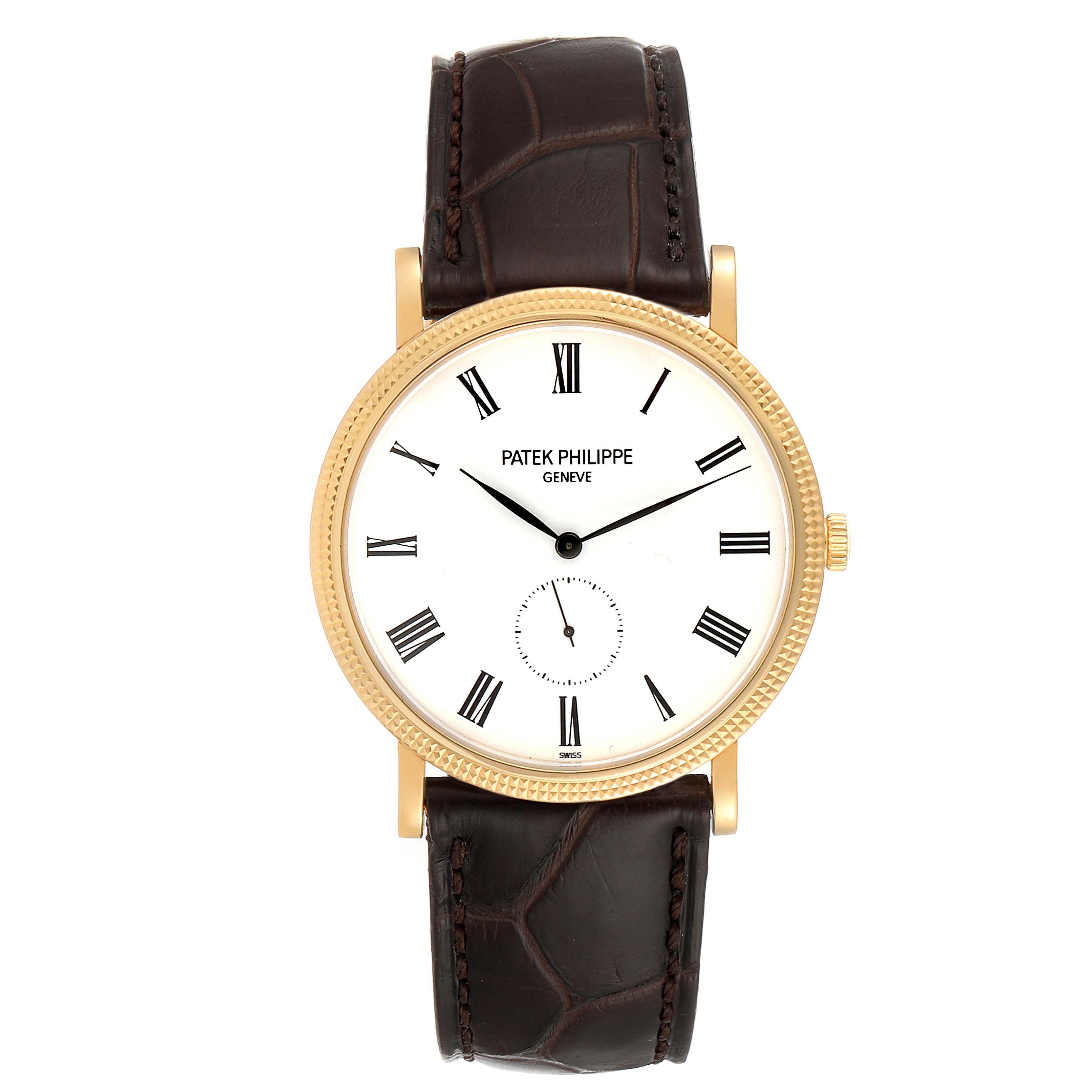 This Patek Philippe Calatrava 5119J Men's Yellow Gold White Dial 5119J Men's Yellow Gold White Dial watch is shown from a top-down view, displaying the face, Roman numeral markers, and leather strap.