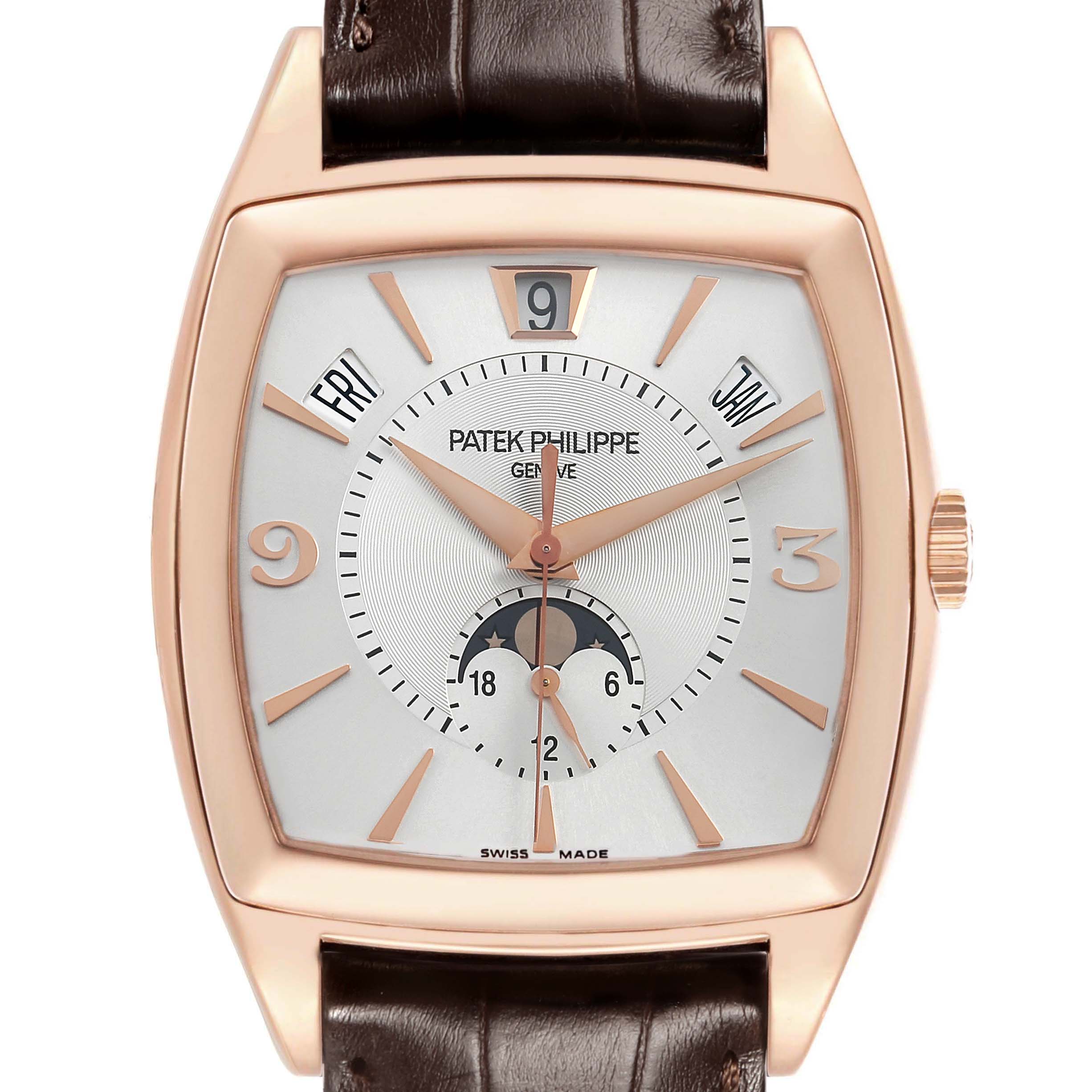 The Patek Philippe Gondolo 5135 5135R Men's Rose Gold White Dial watch is shown from the front, highlighting its dial, hands, and rose gold case with a brown leather strap.