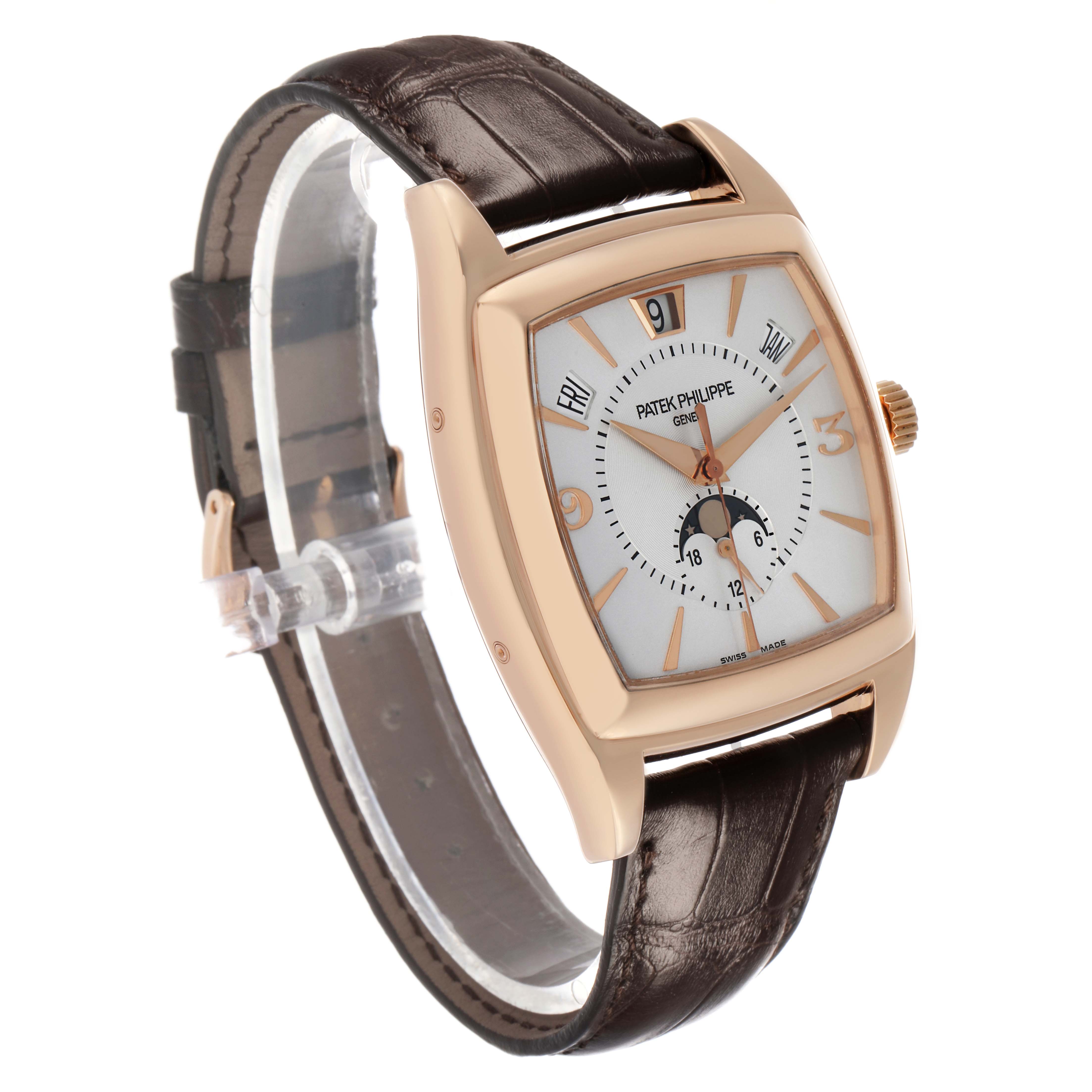 The Patek Philippe Gondolo 5135 5135R Men's Rose Gold White Dial watch is shown at a three-quarter angle, displaying its face, case, crown, and strap.